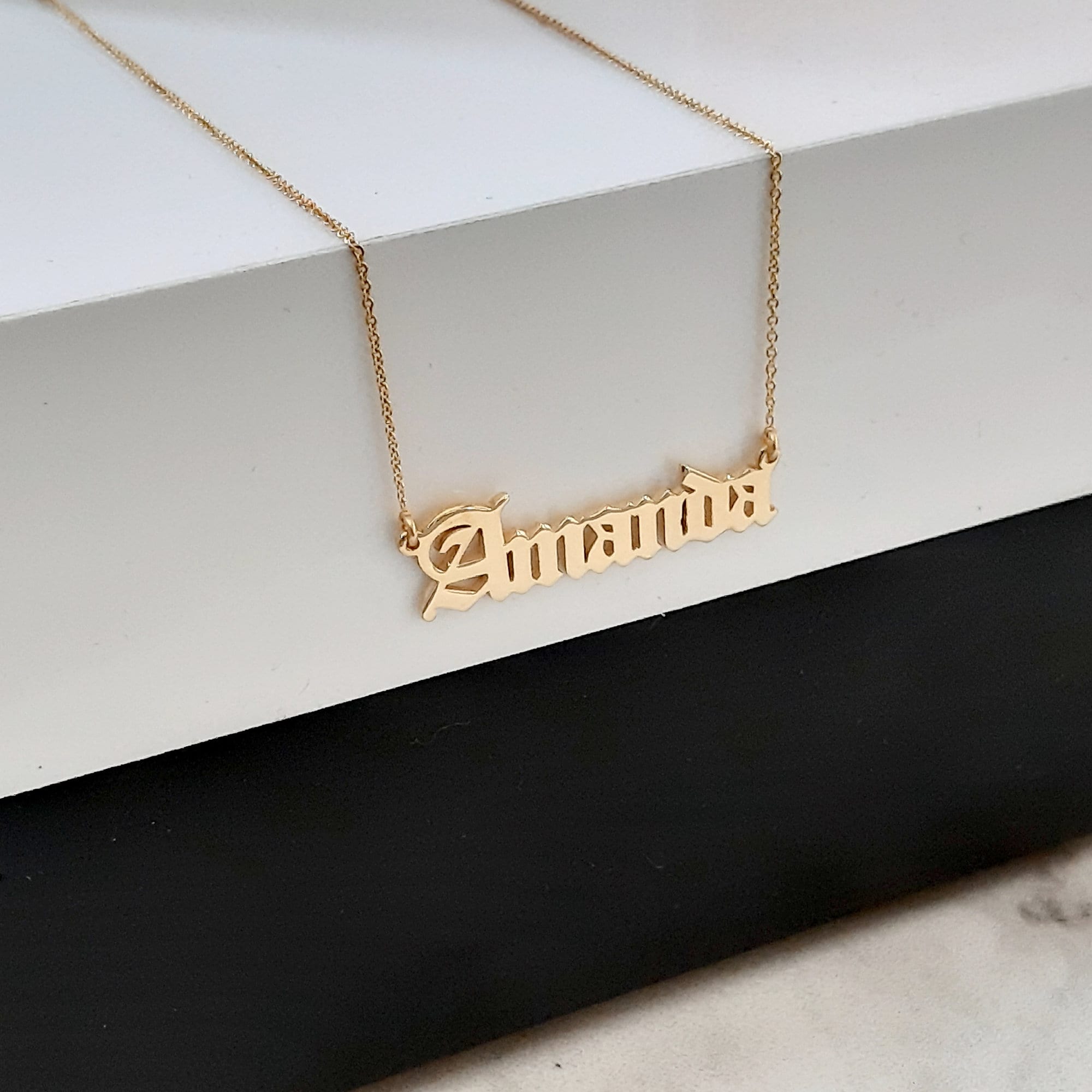 14K Solid Gold Old English Number Birthdate or name Necklace - InfinityJools