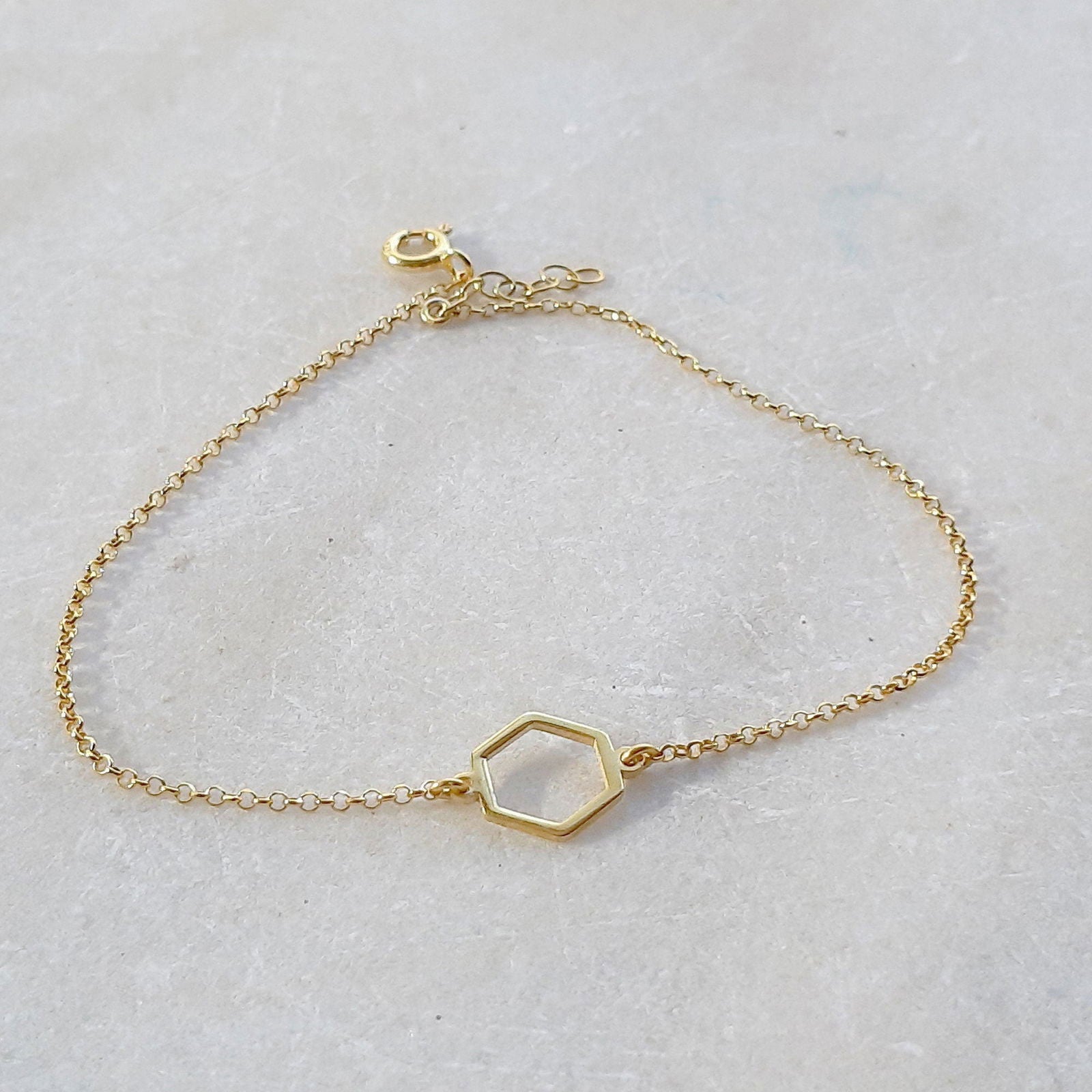 14K Solid Gold Hexagon Charm Bracelet - InfinityJools