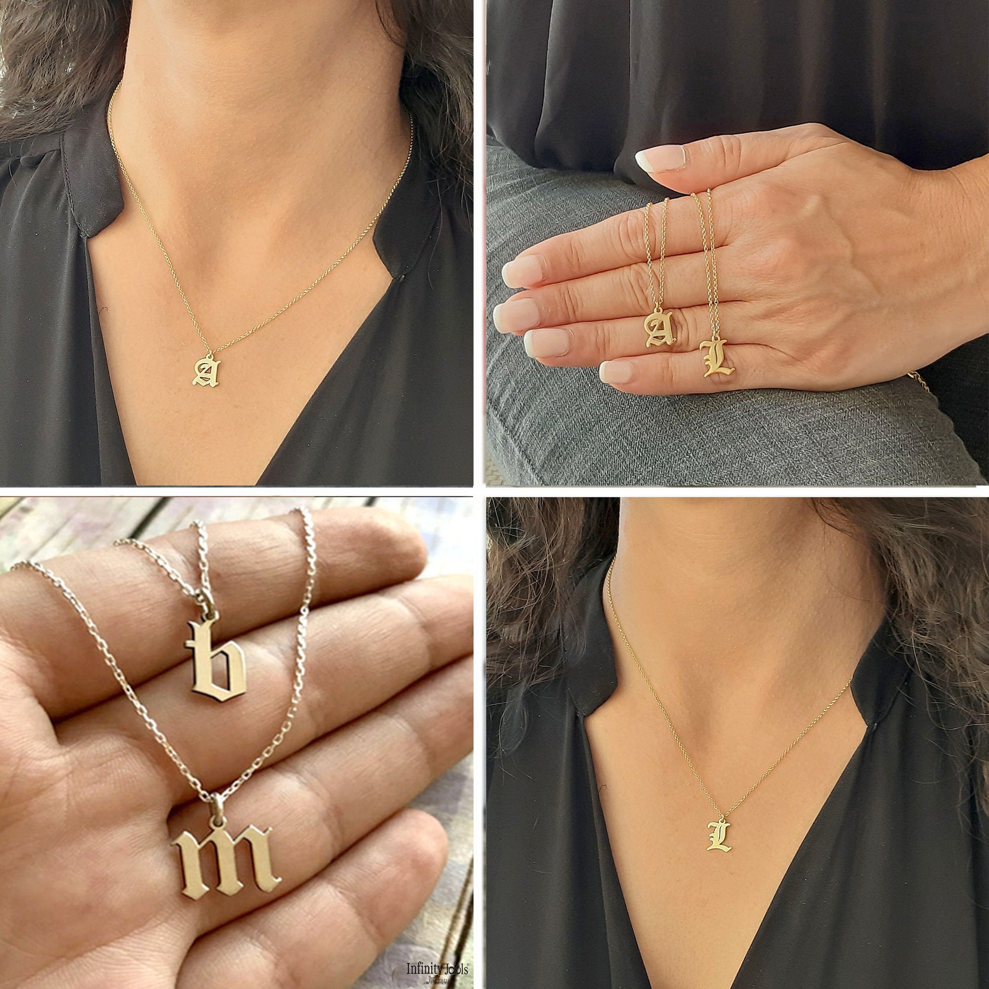 14k Gold Initial Necklace, Old English Initial Necklace - InfinityJools