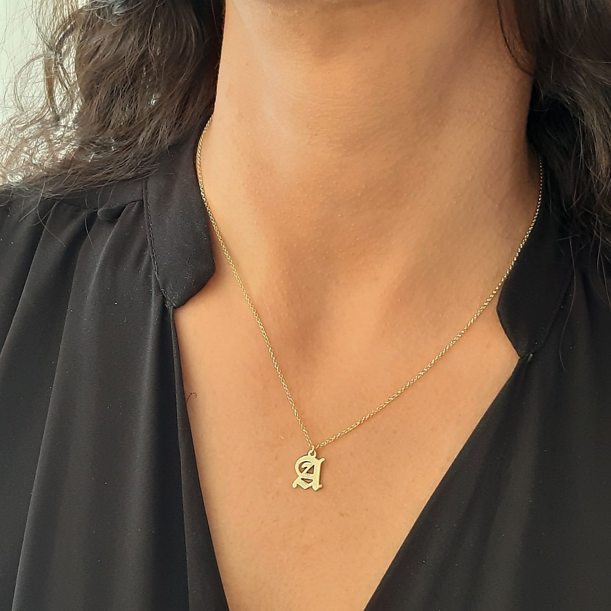 14k Gold Initial Necklace, Old English Initial Necklace - InfinityJools