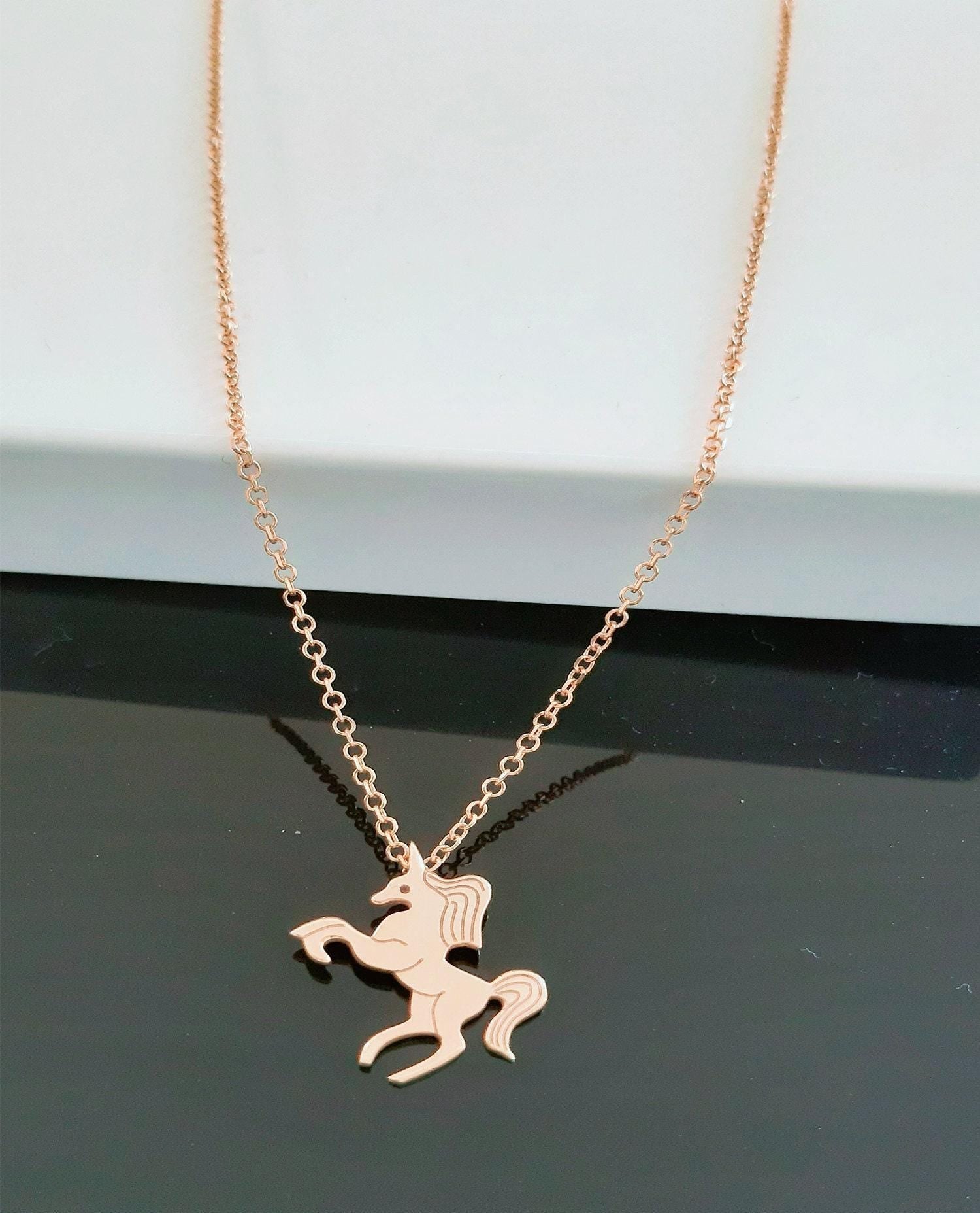 14K Gold Unicorn Necklace, Dainty Unicorn Pendant - InfinityJools