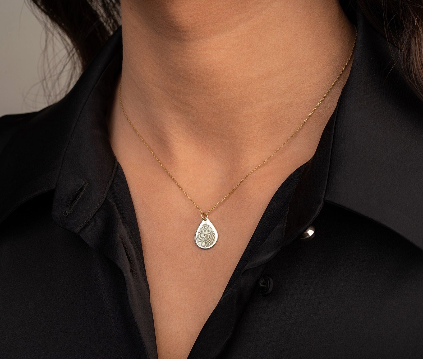 14k Real Gold Tear Drop Fingerprint Necklace, Memorial Pendant - InfinityJools