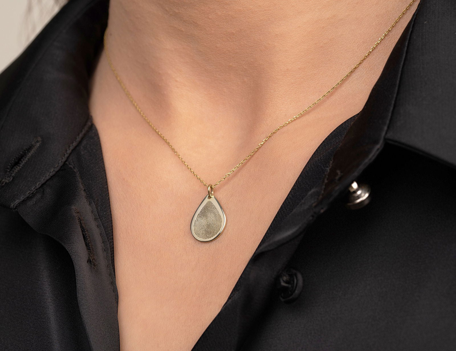 14k Real Gold Tear Drop Fingerprint Necklace, Memorial Pendant - InfinityJools