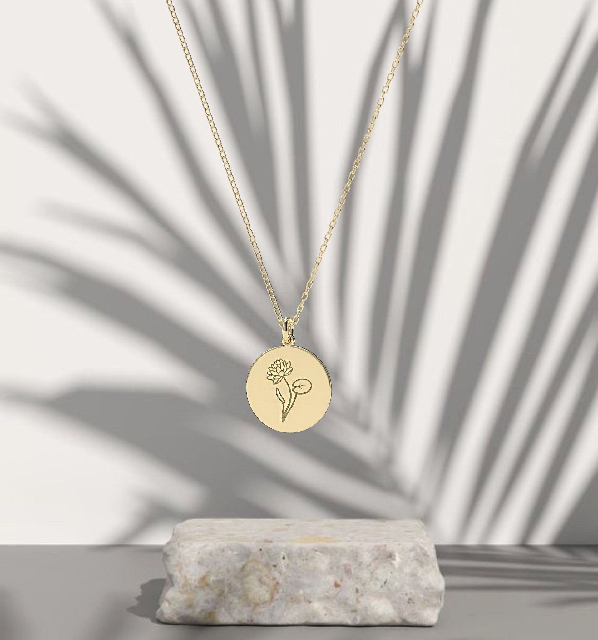 14k solid gold, Birth Month Birth Flower With Custom Text Personalized - InfinityJools