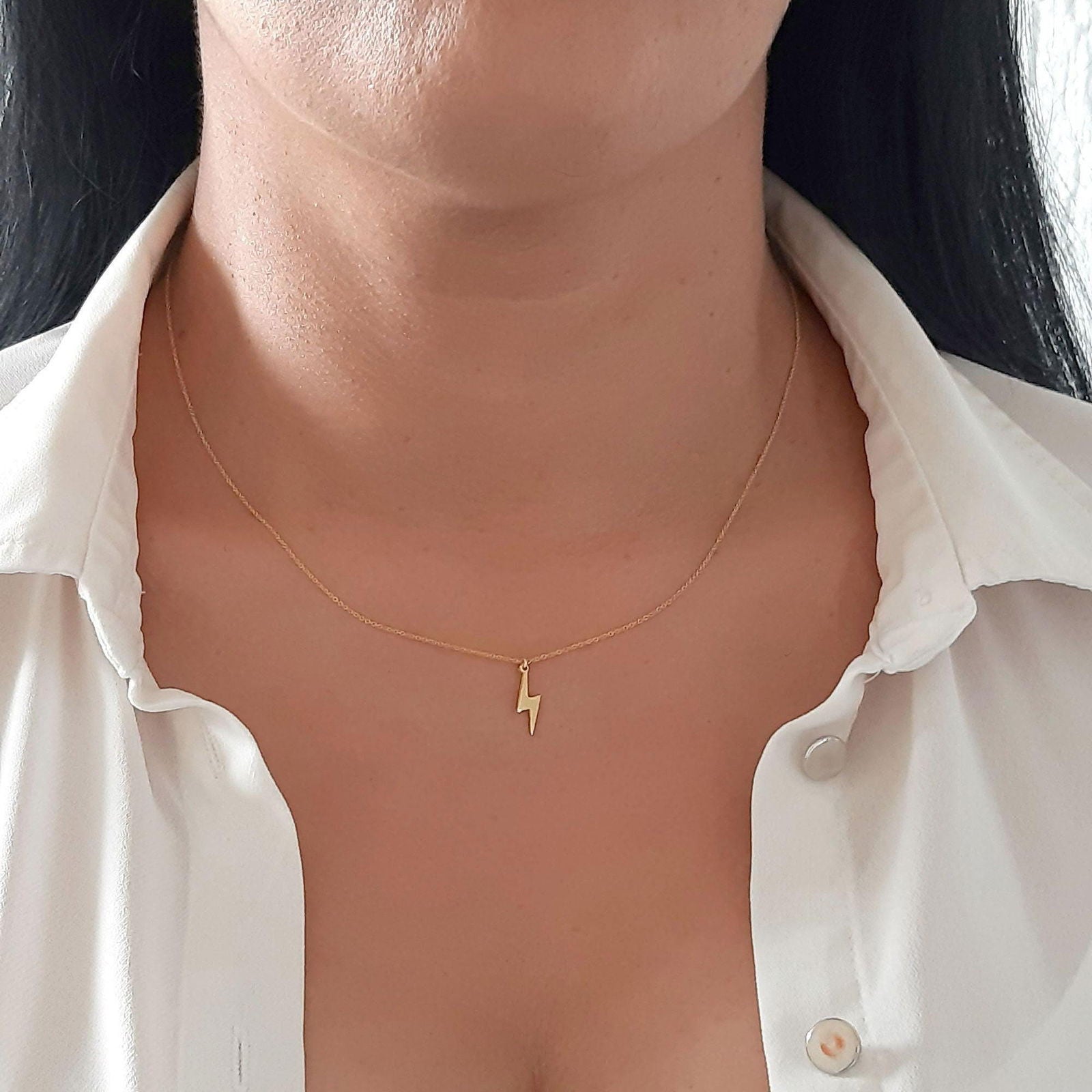 14k solid gold Bolt necklace, Lightning necklace - InfinityJools