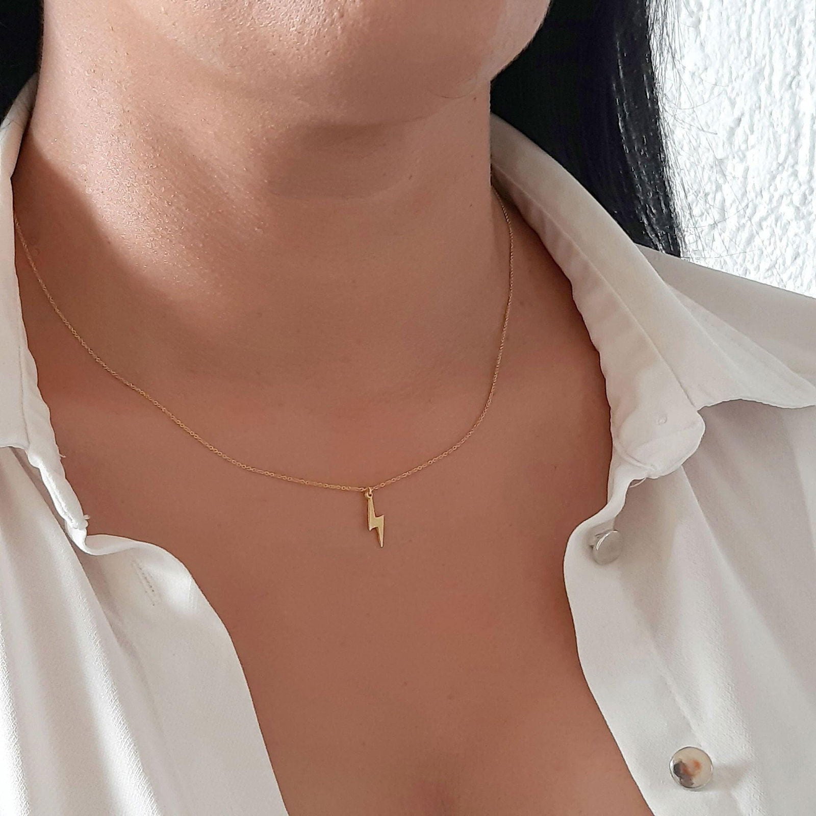14k solid gold Bolt necklace, Lightning necklace - InfinityJools