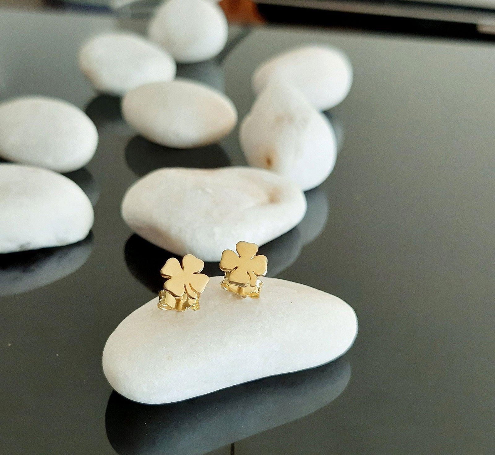 14K Solid Gold Four leaf clover Stud Earrings - InfinityJools