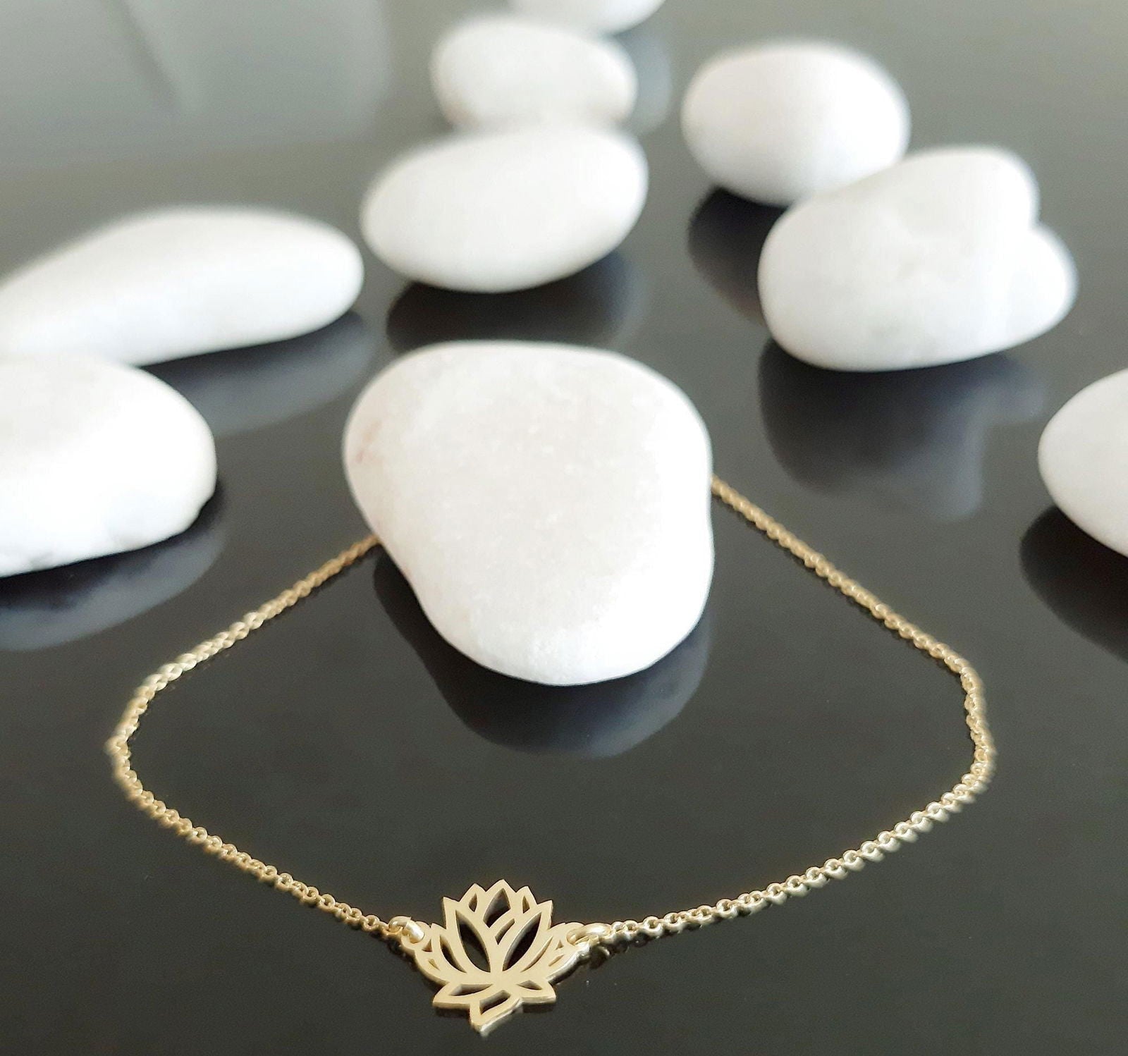 14K Solid Gold Lotus flower Charm Bracelet - InfinityJools