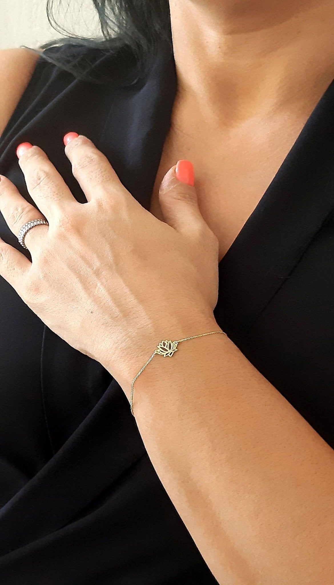 14K Solid Gold Lotus flower Charm Bracelet - InfinityJools