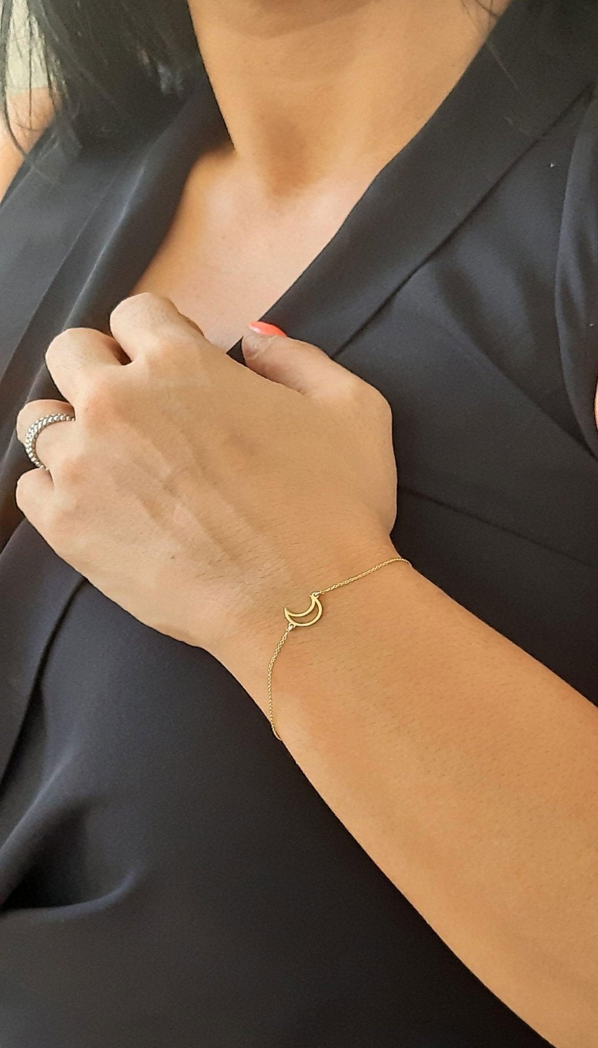 14k Solid Gold Moon Bracelet, 14K yellow Gold - InfinityJools