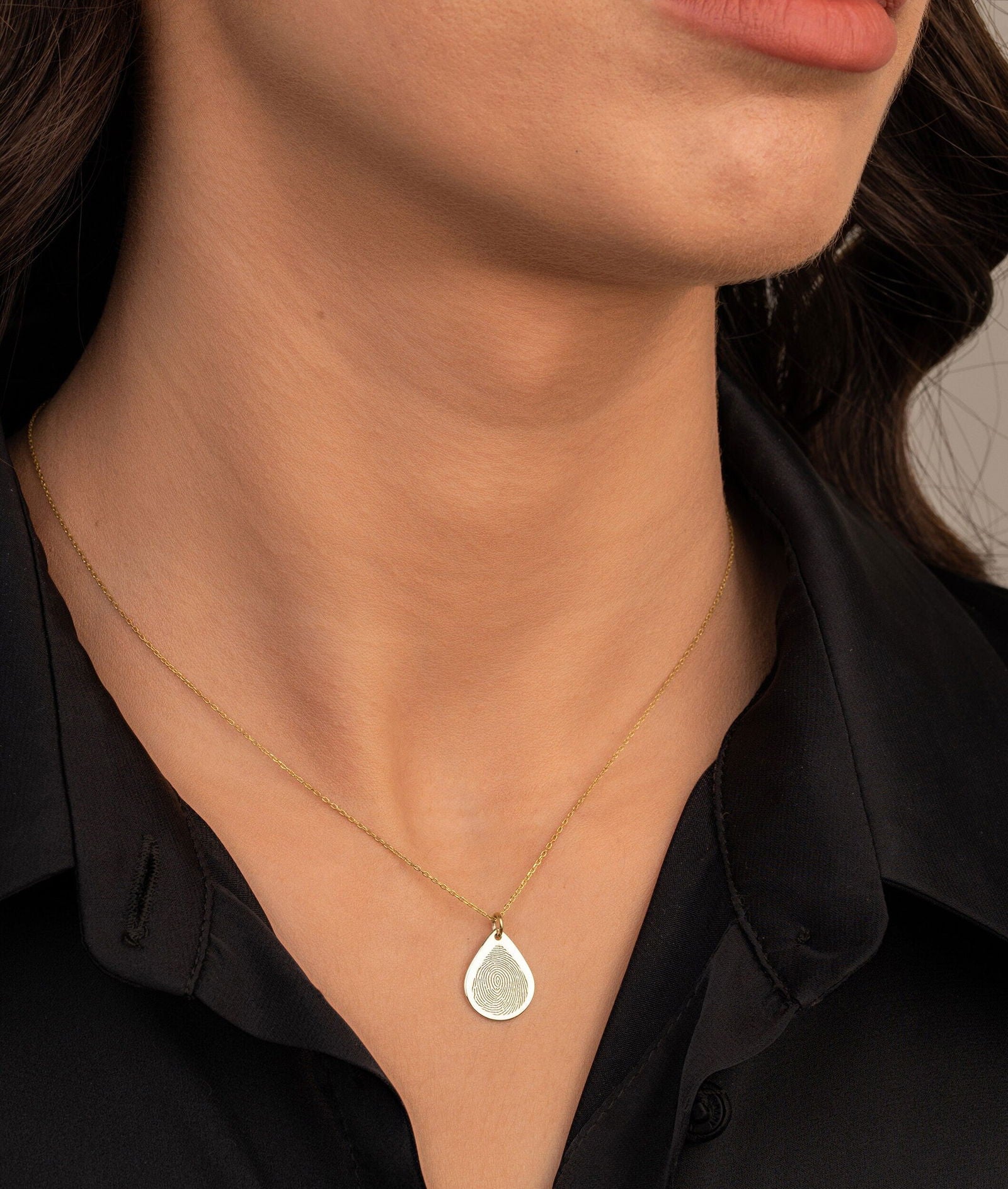 14k Real Gold Tear Drop Fingerprint Necklace,  Memorial Pendant - InfinityJools