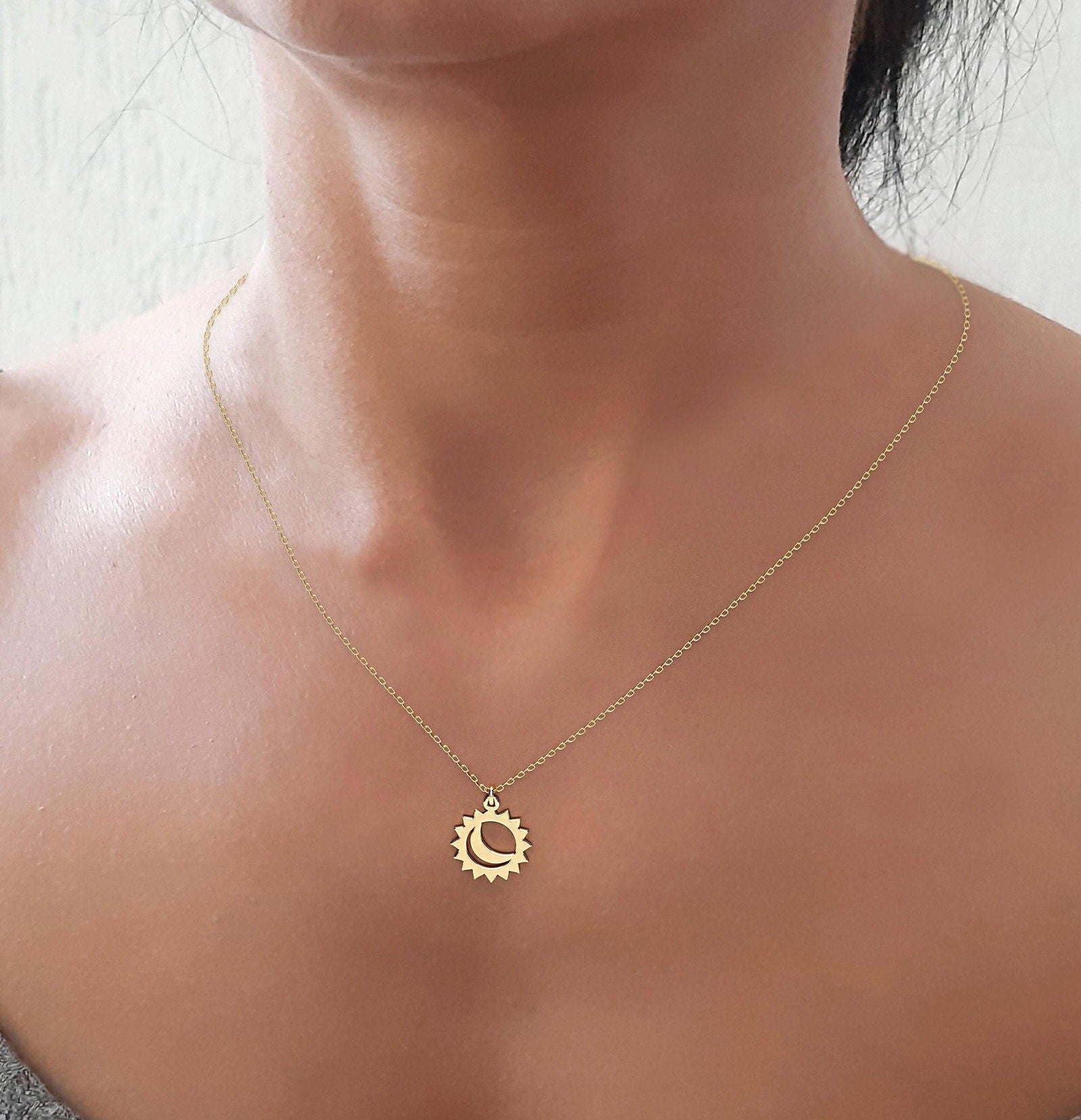 14k Solid Gold Moon Sun Necklace - InfinityJools