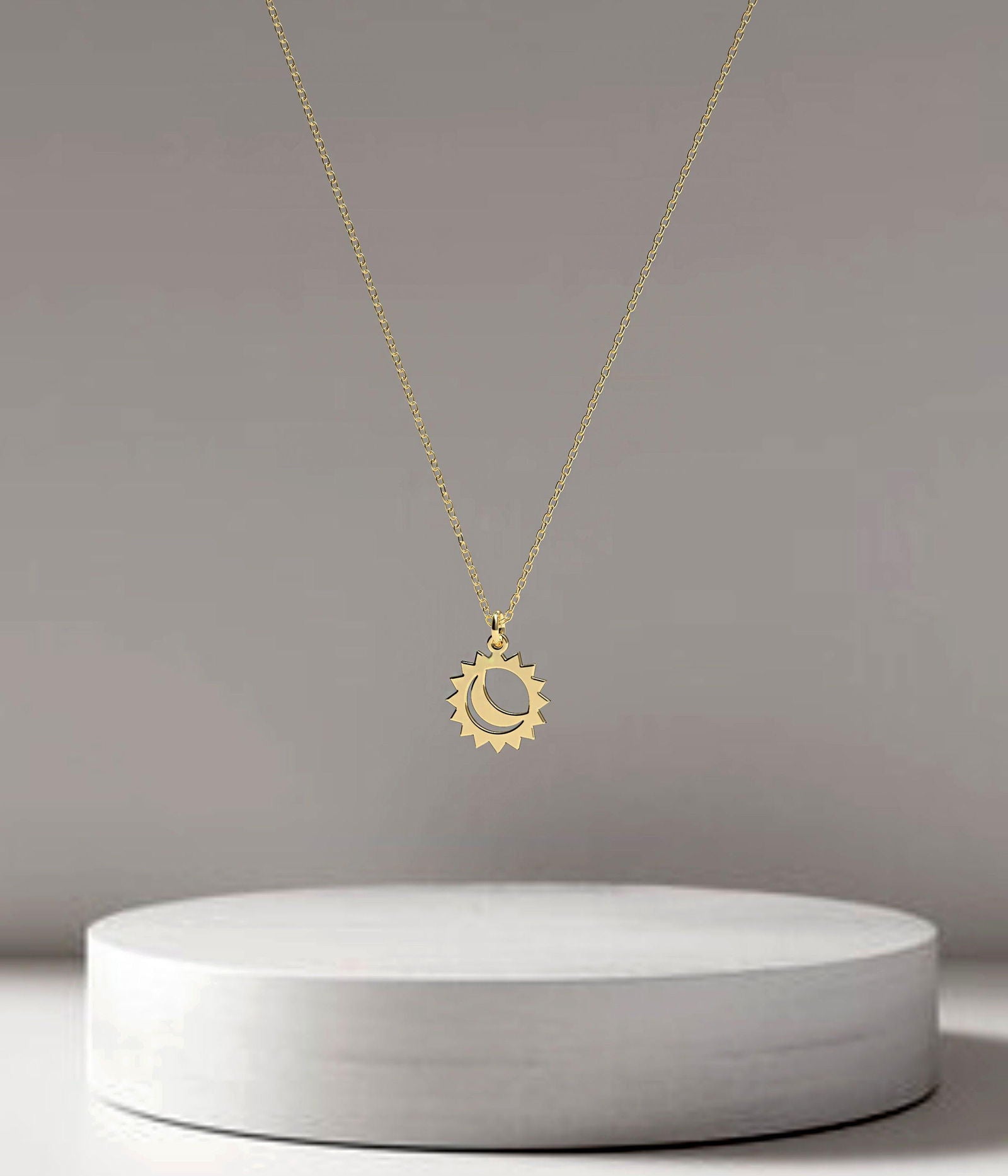 14k Solid Gold Moon Sun Necklace - InfinityJools