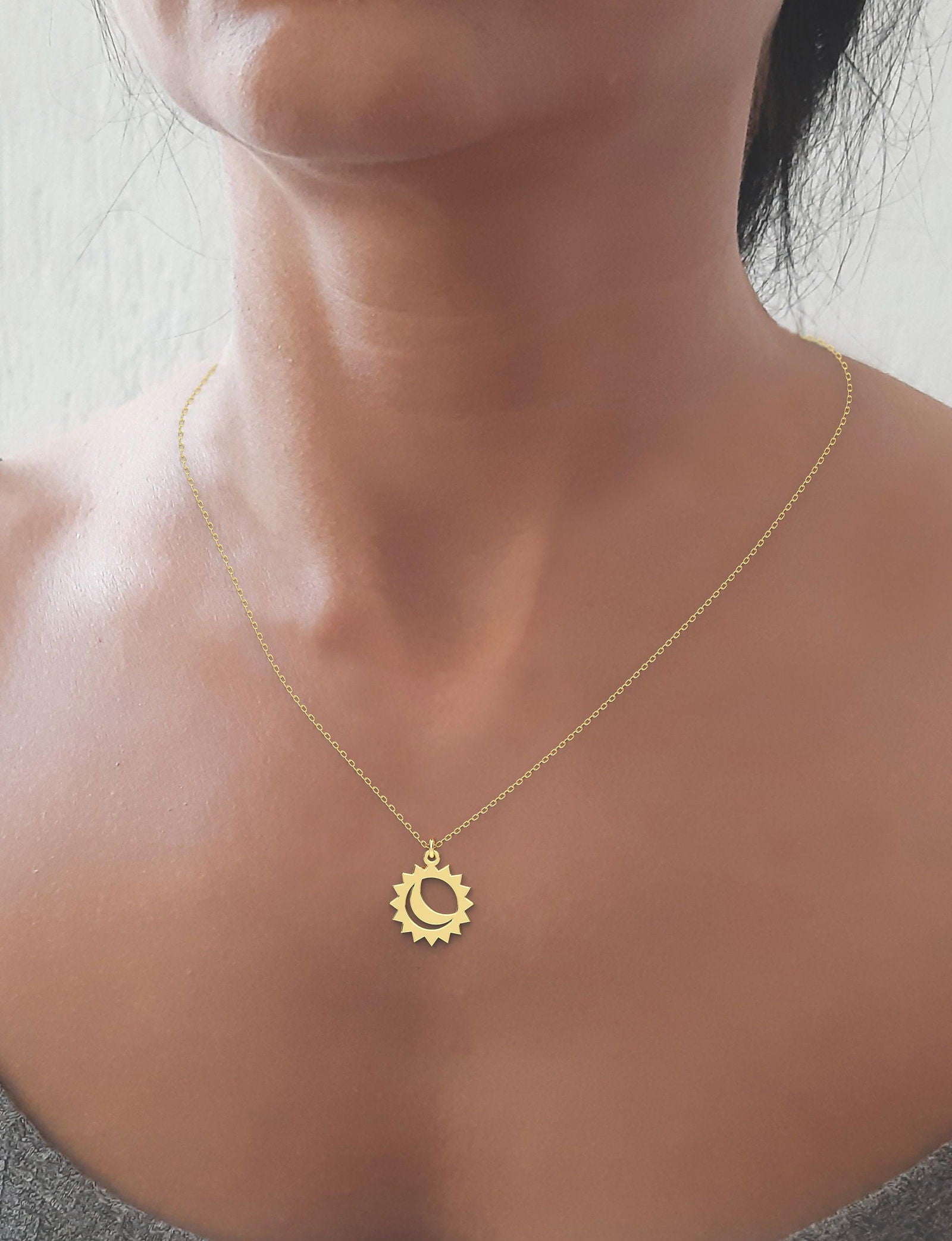 14k Solid Gold Moon Sun Necklace - InfinityJools