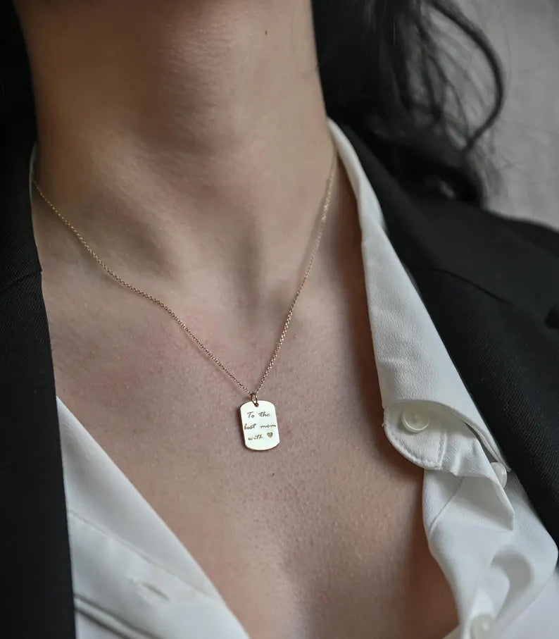 Solid Gold Dog Tag Actual Handwriting Necklace