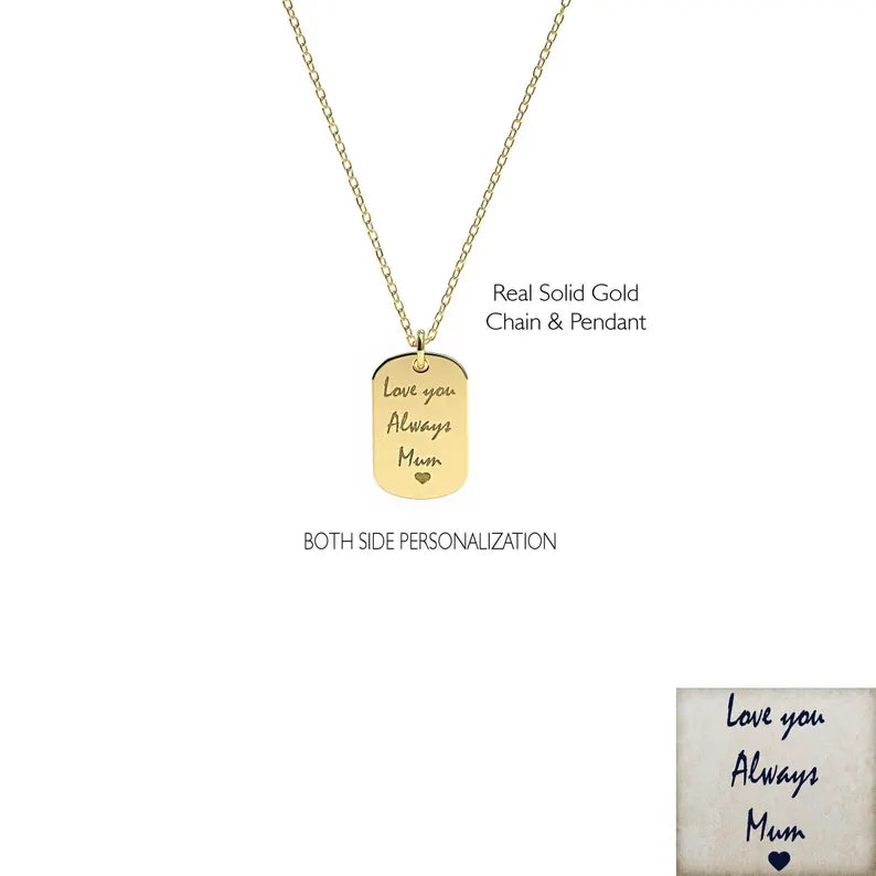 Solid Gold Dog Tag Actual Handwriting Necklace