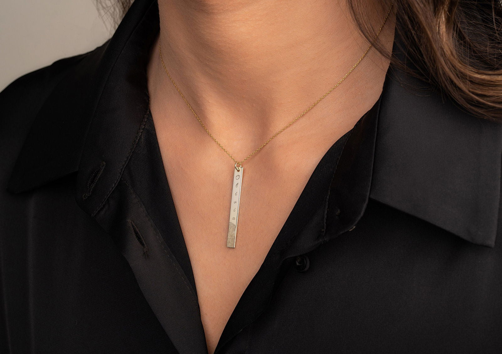 9k & 14k Solid gold Actual Fingerprint Bar Necklace - Personalized Handprint Necklace - InfinityJools