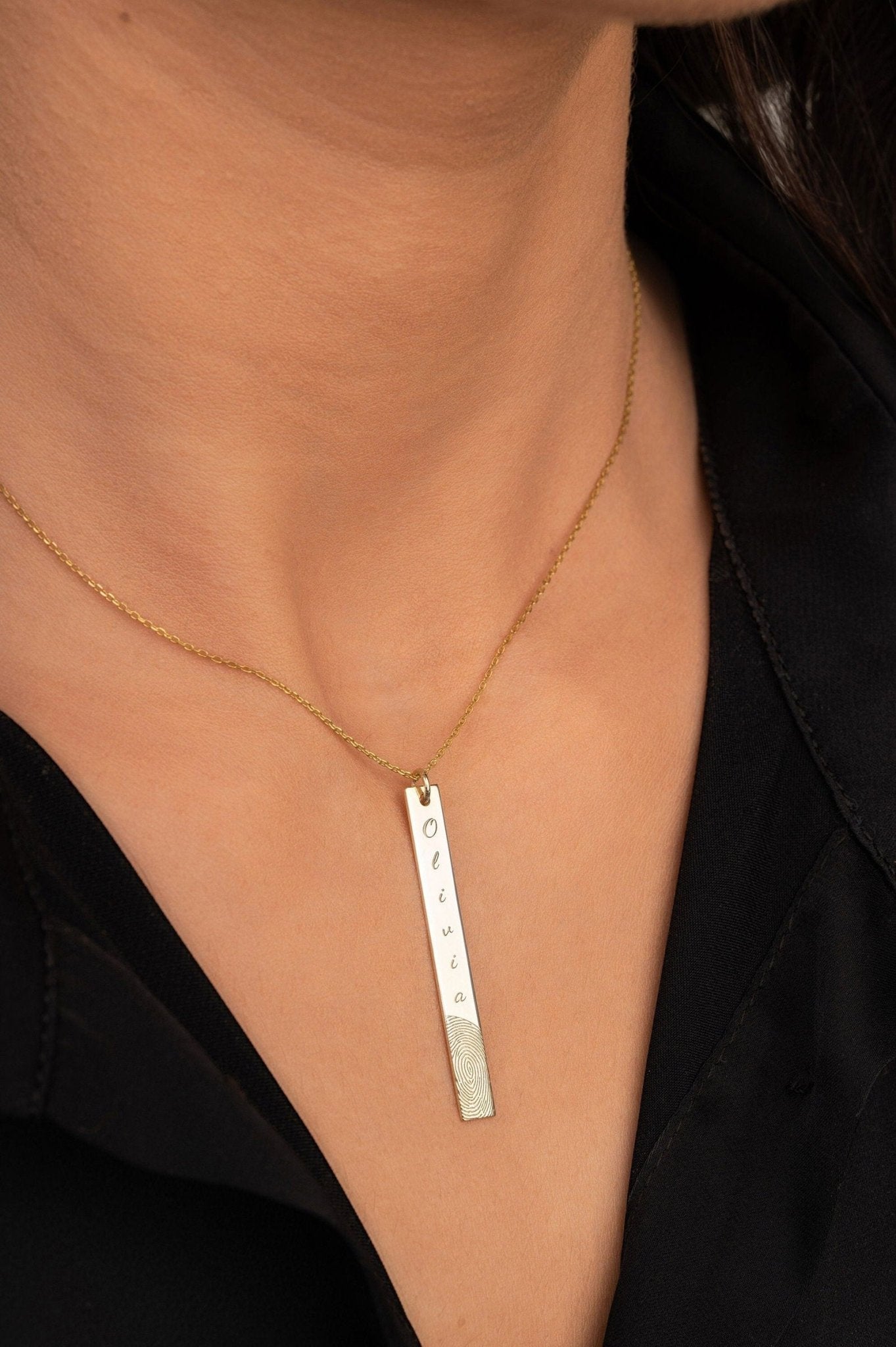 9k & 14k Solid gold Actual Fingerprint Bar Necklace - Personalized Handprint Necklace - InfinityJools