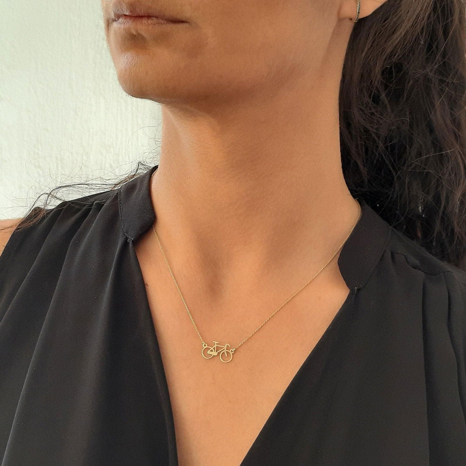 Gold Bicycle Necklace, Vintage Bike Charm, 9K 14K Gold - InfinityJools