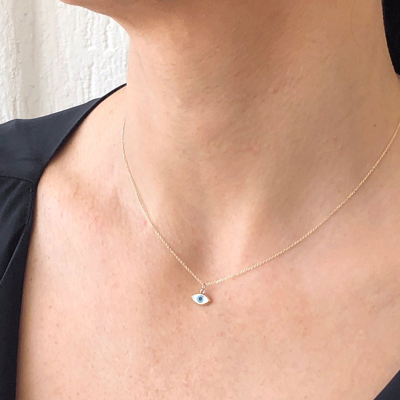 Solid Gold 14k Evil Eye Necklace White Blue Evil Eye Penant - InfinityJools