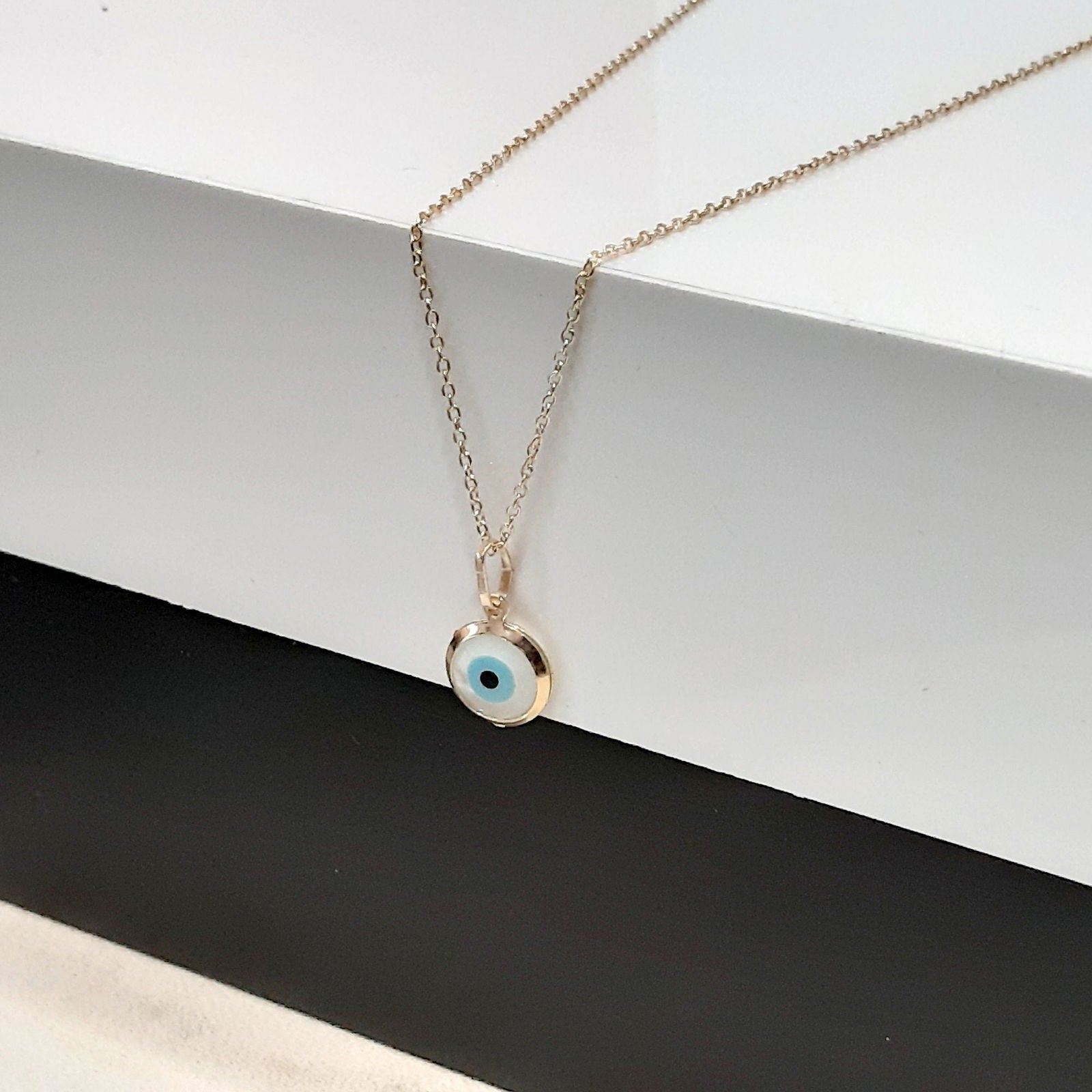Solid Gold 14k Evil Eye Necklace White Blue Evil Eye Penant - InfinityJools