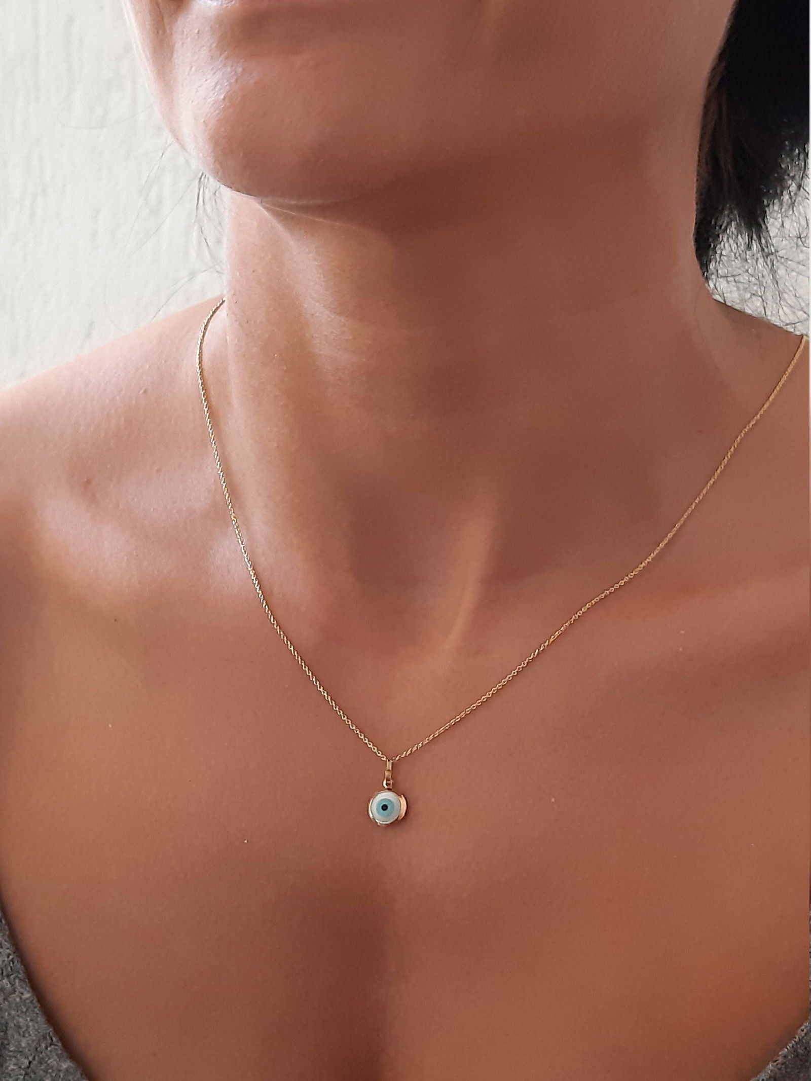 Solid Gold 14k Evil Eye Necklace White Blue Evil Eye Penant - InfinityJools