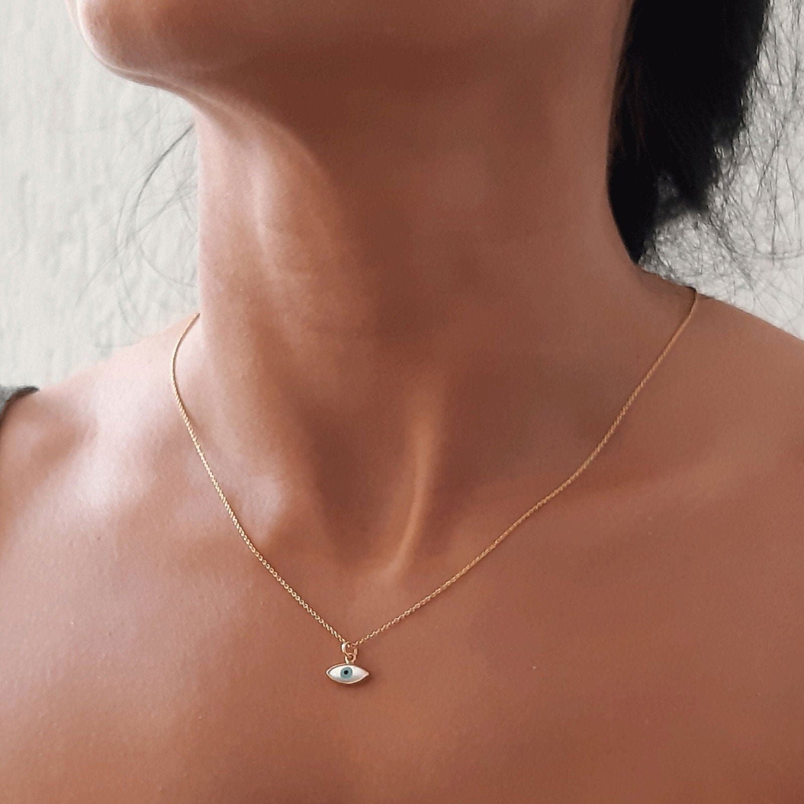 Solid Gold 14k Evil Eye Necklace White Blue Evil Eye Penant - InfinityJools