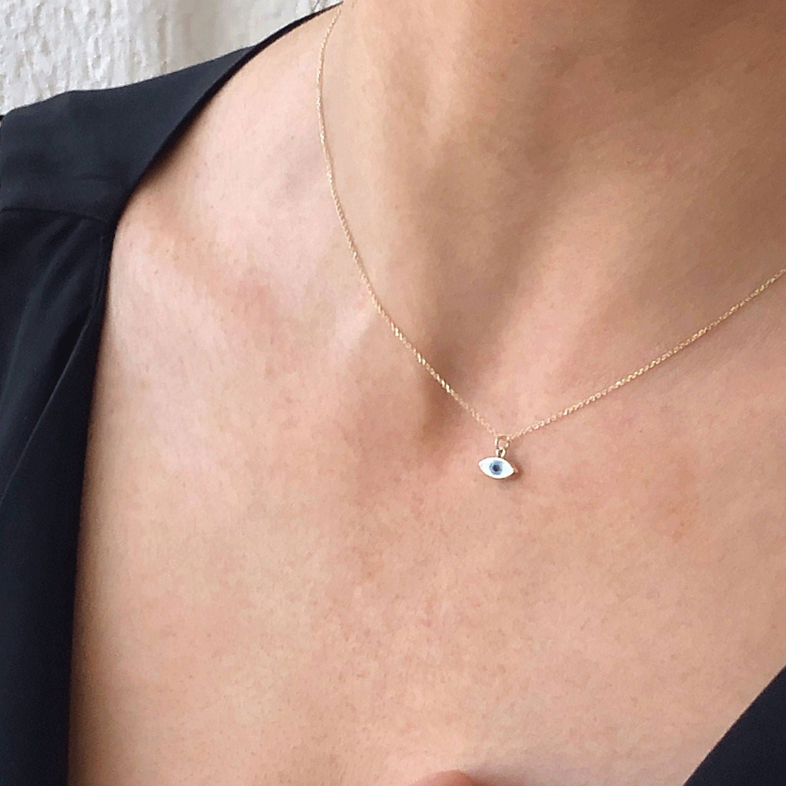 Solid Gold 14k Evil Eye Necklace White Blue Evil Eye Penant - InfinityJools