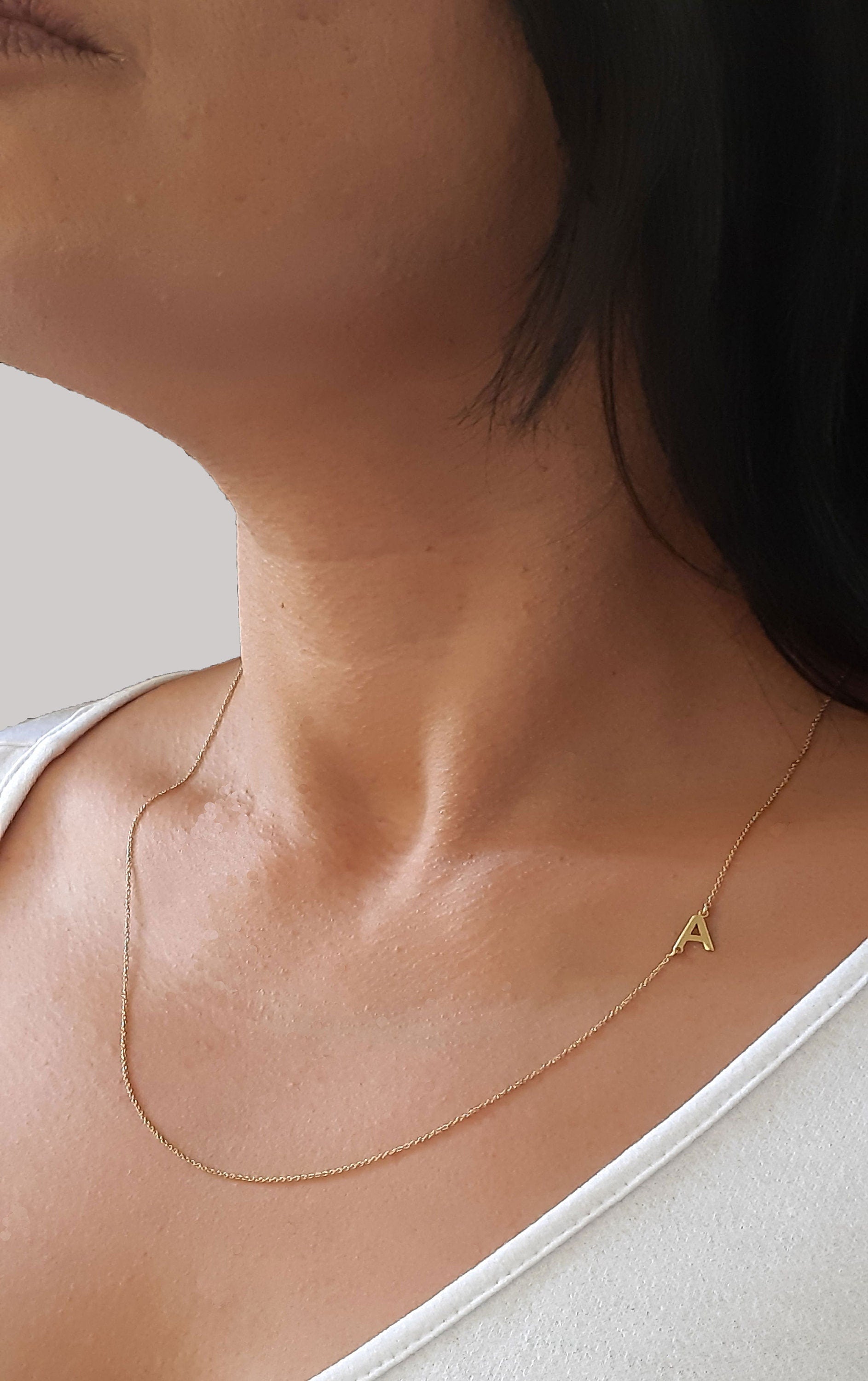 14k Gold Initial Letter Sideways Necklace