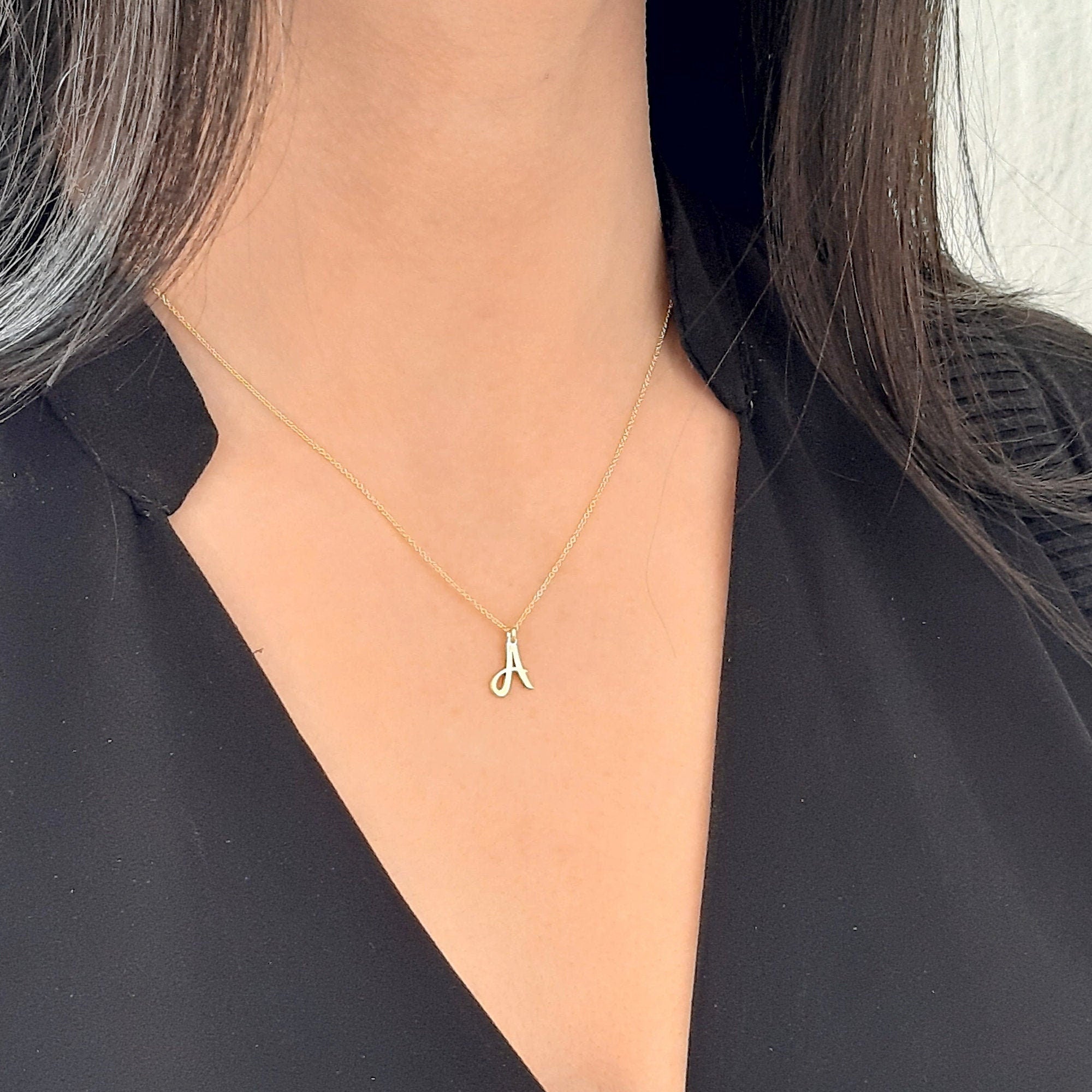 14K Solid Gold Cursive Initial Necklace - Custom Letter Necklace