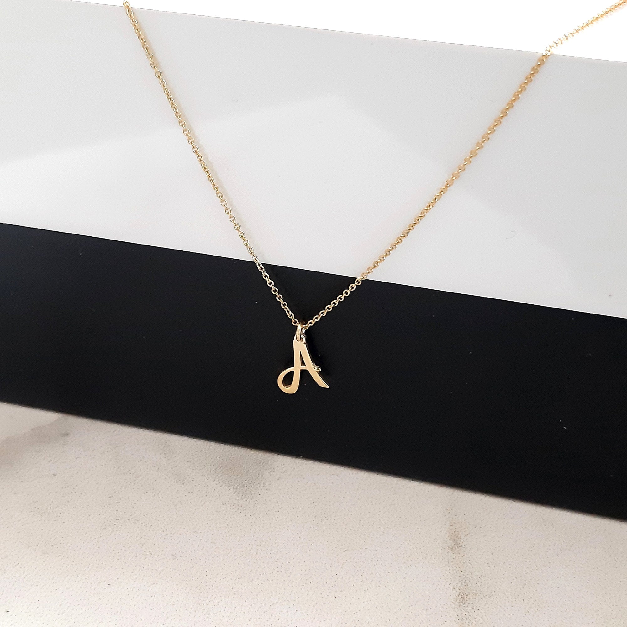 14K Solid Gold Cursive Initial Necklace - Custom Letter Necklace