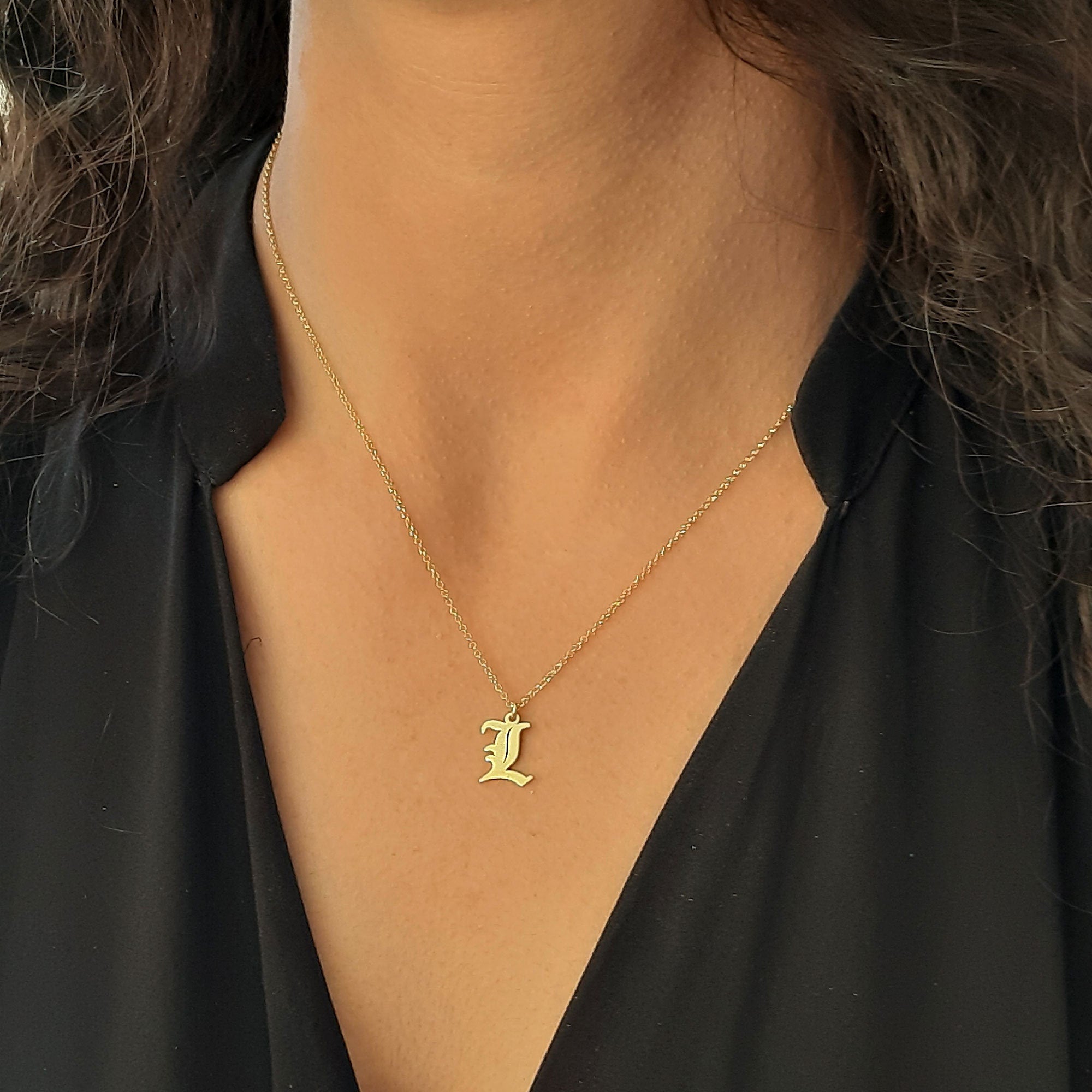 14k Gold Initial Necklace, Old English Initial Necklace