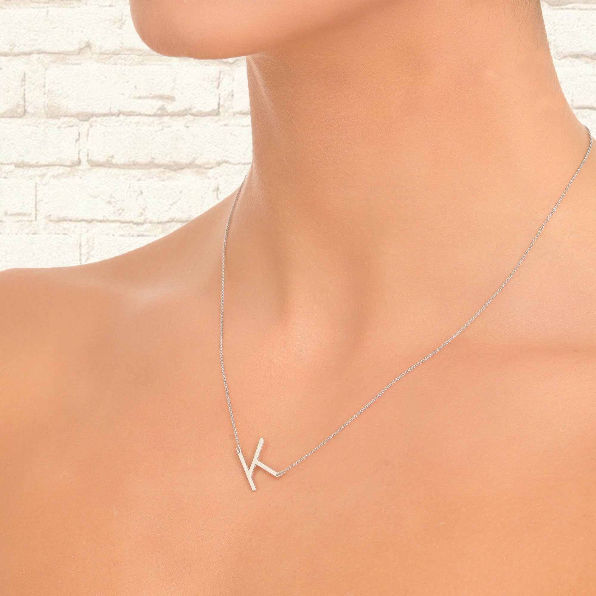 14K Solid Gold Alphabet Initial Sideways Necklace