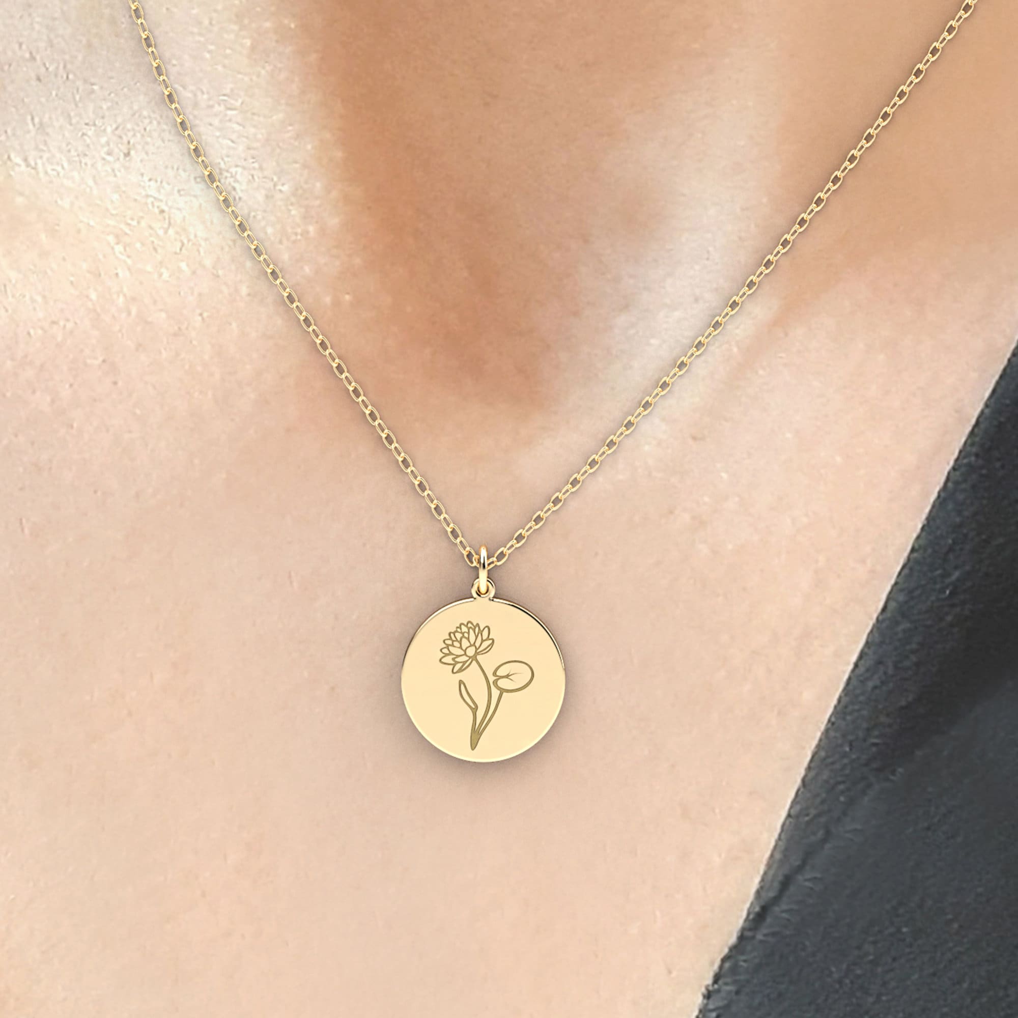 14k solid gold, Birth Month Birth Flower With Custom Text  Personalized