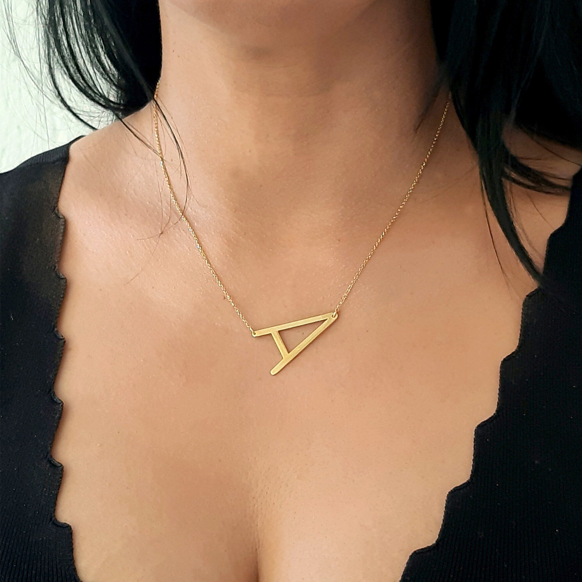 14K Solid Gold Large Sideways initial Necklace