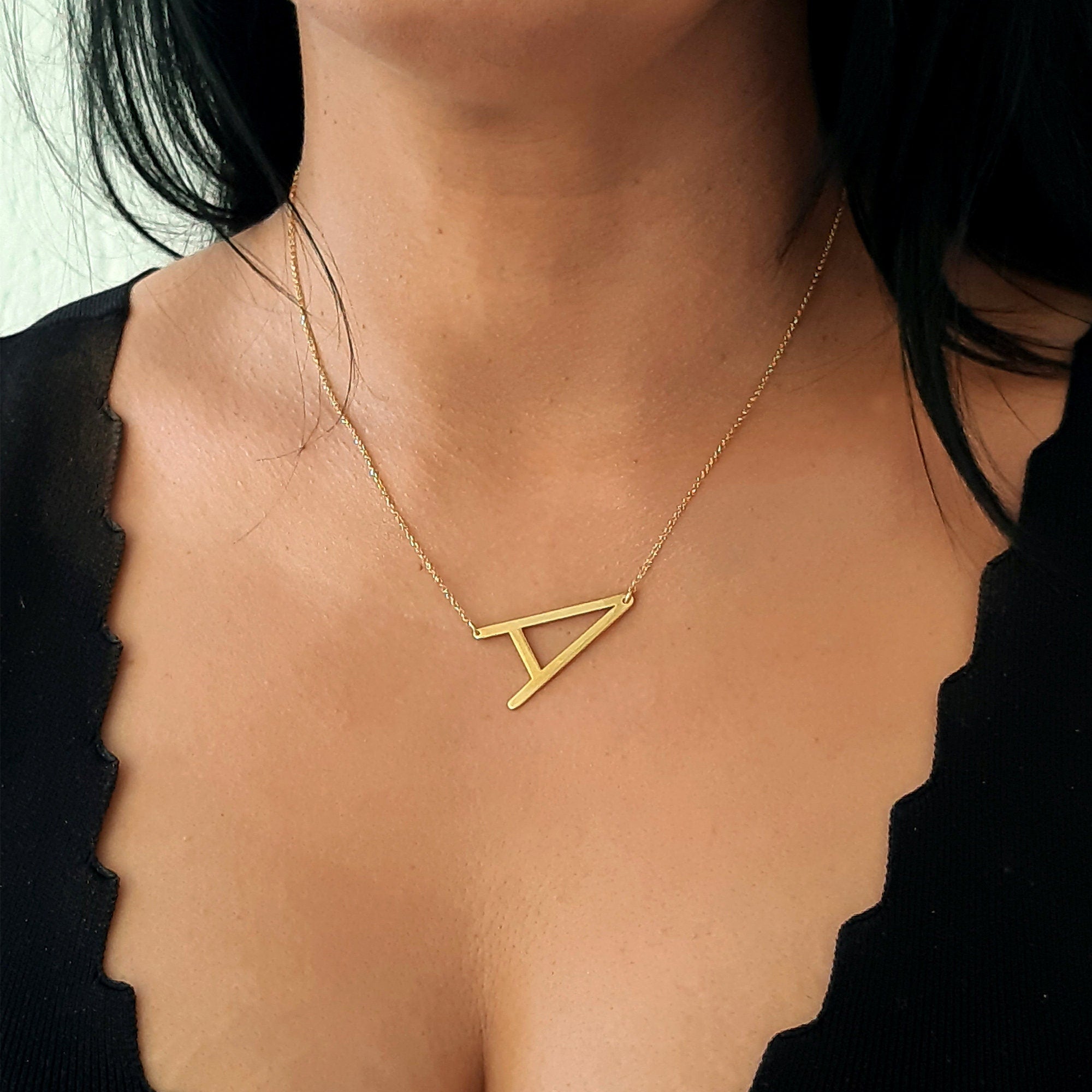 14K Solid Gold Large Sideways initial Necklace