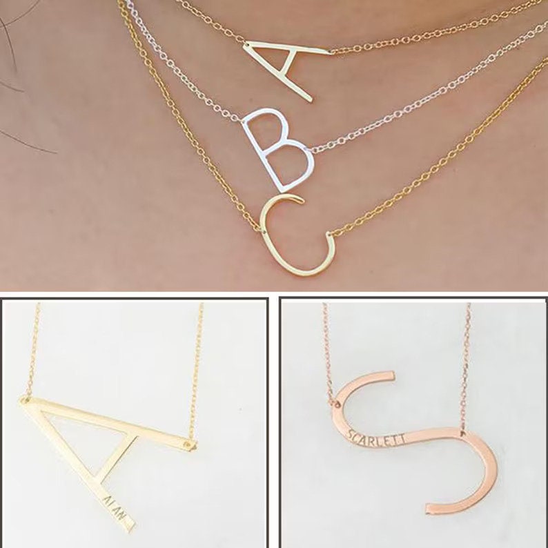 14K Solid Gold Large Sideways initial Necklace