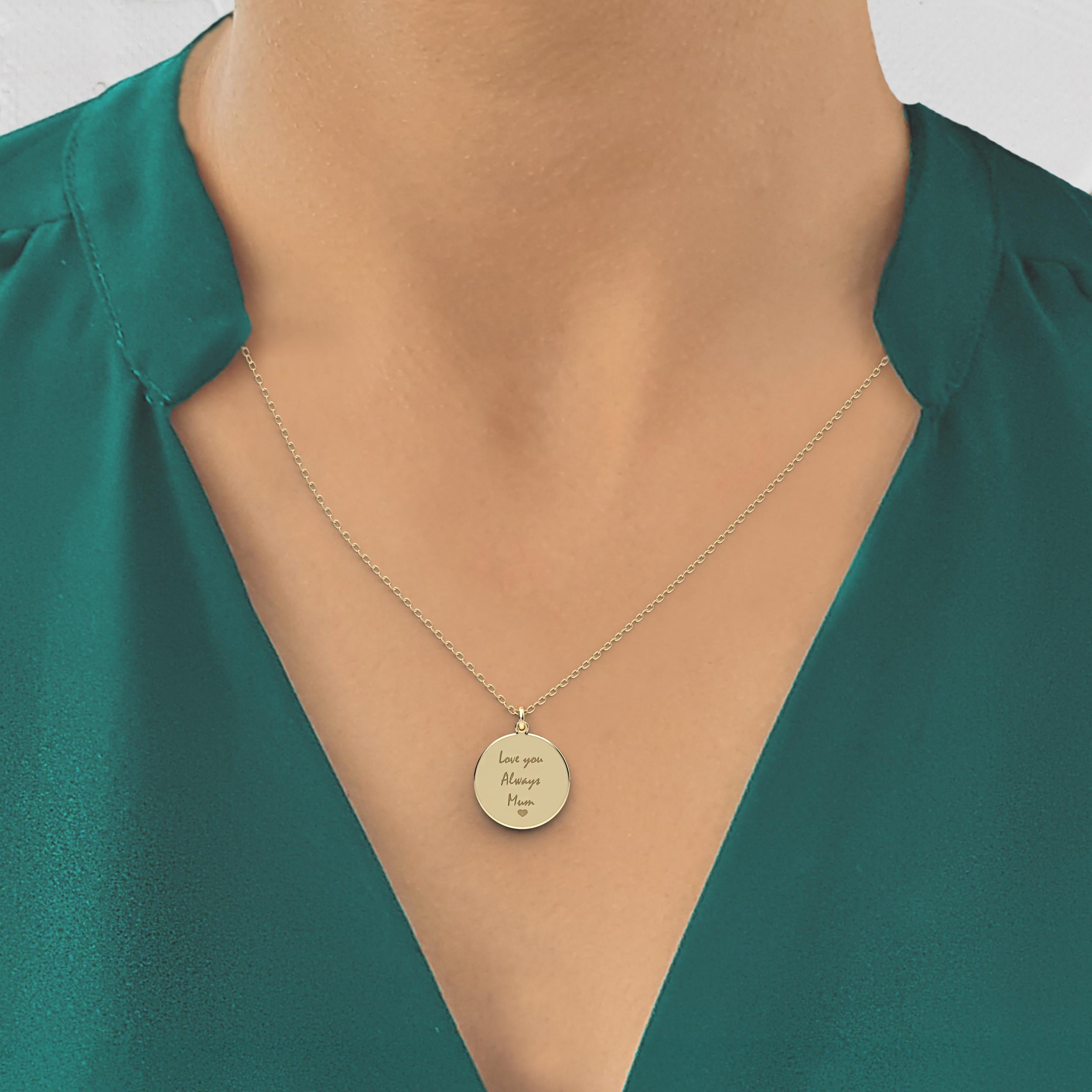 Solid gold handwritten disc pendant