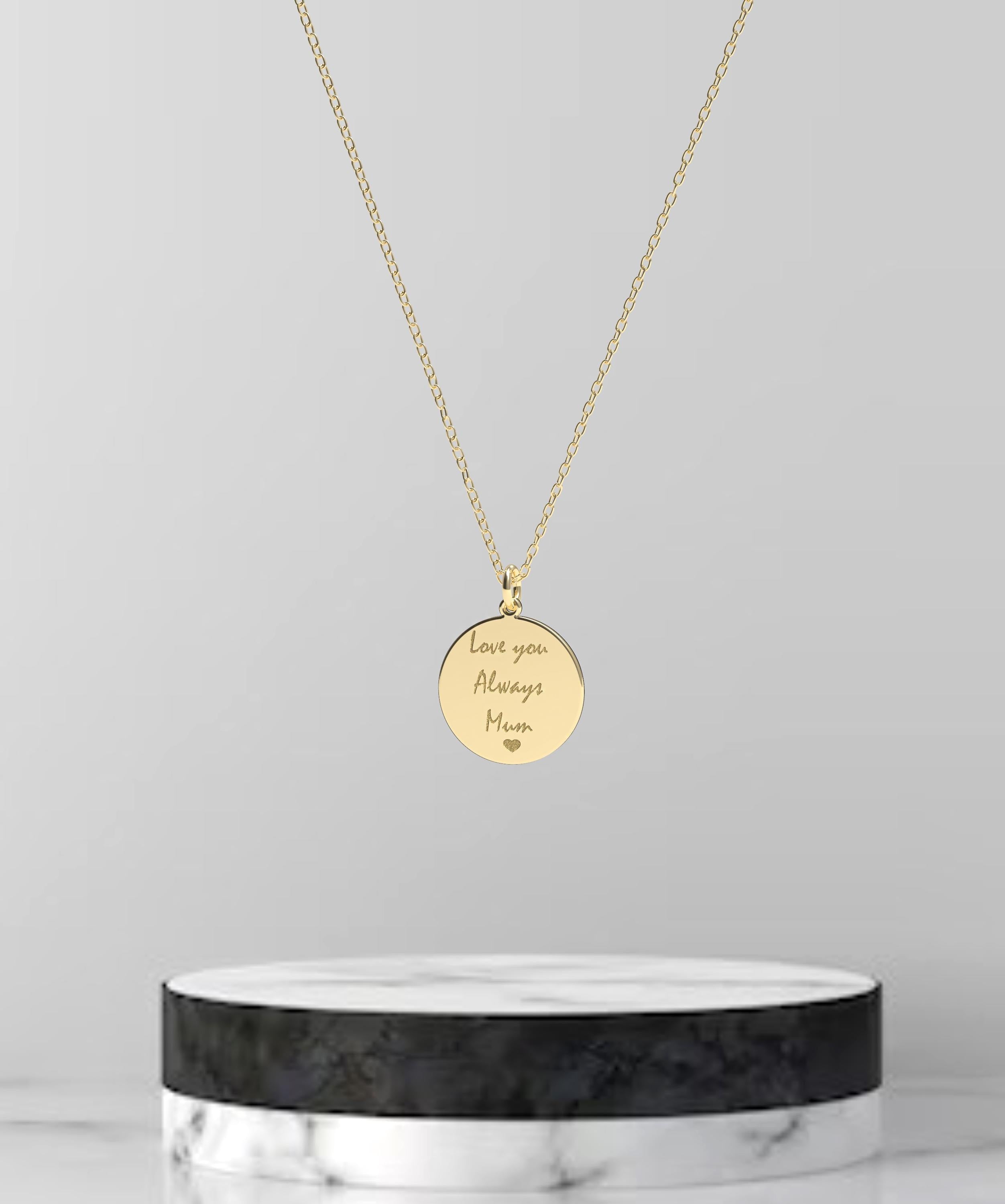Solid gold handwritten disc pendant