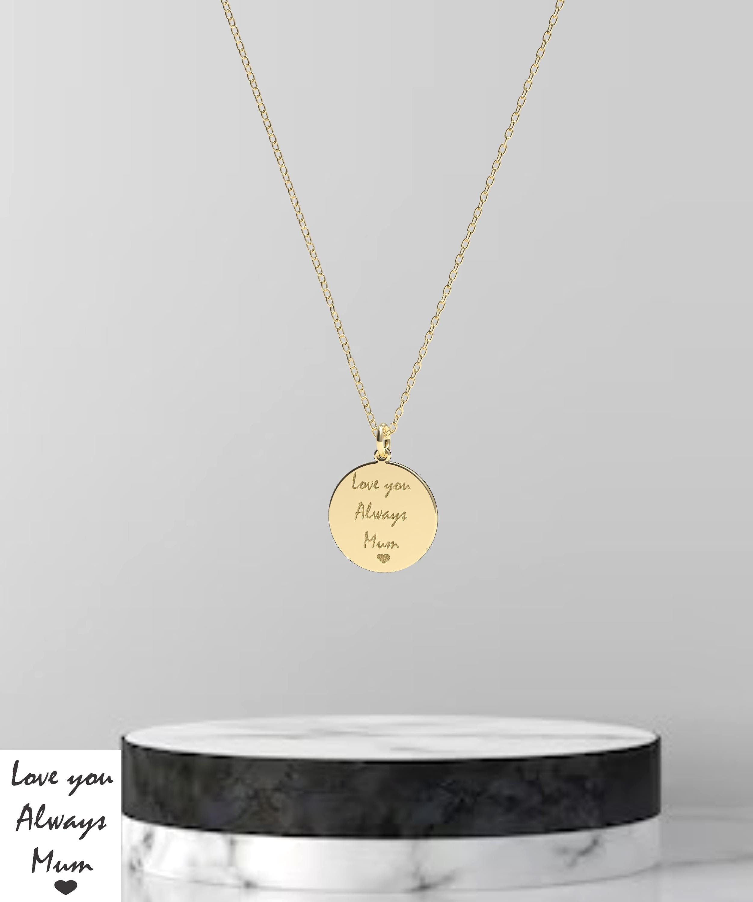 Solid gold handwritten disc pendant
