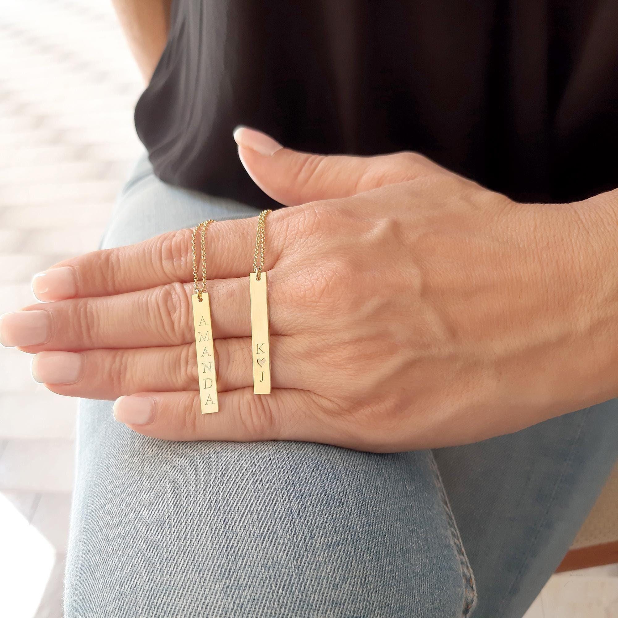 Personalized Solid Gold Vertical Bar Necklace