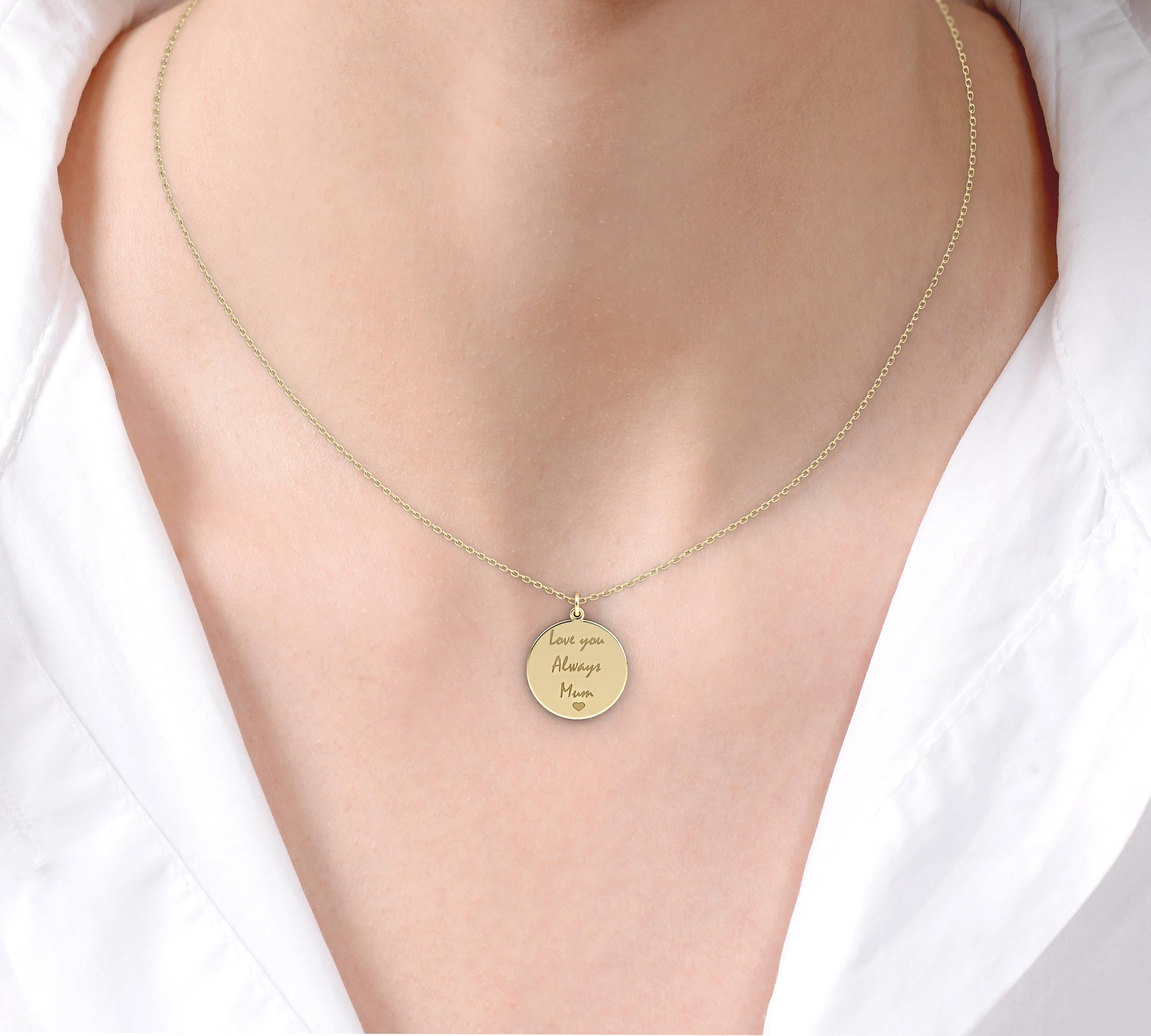 Solid gold handwritten disc pendant