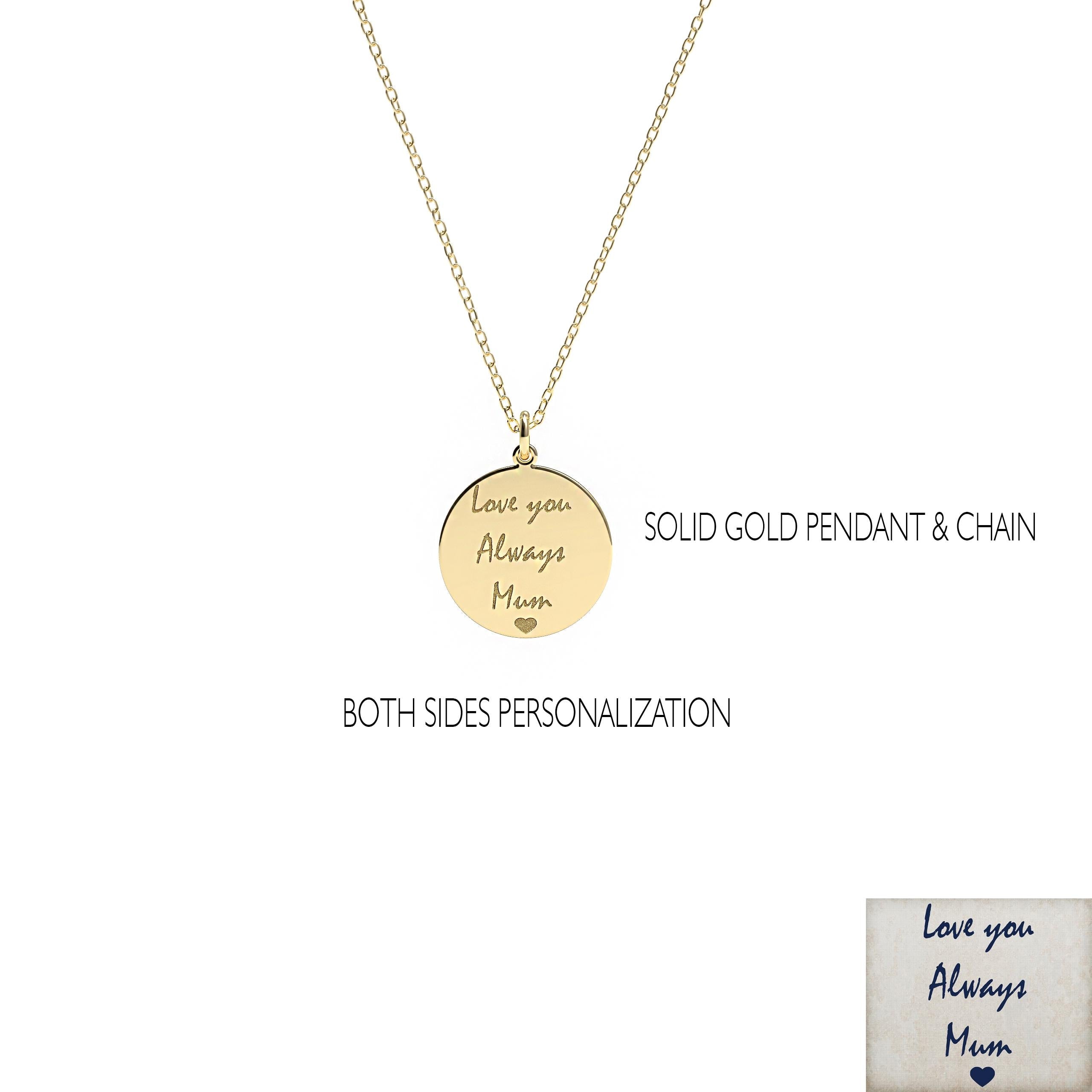 Solid gold handwritten disc pendant