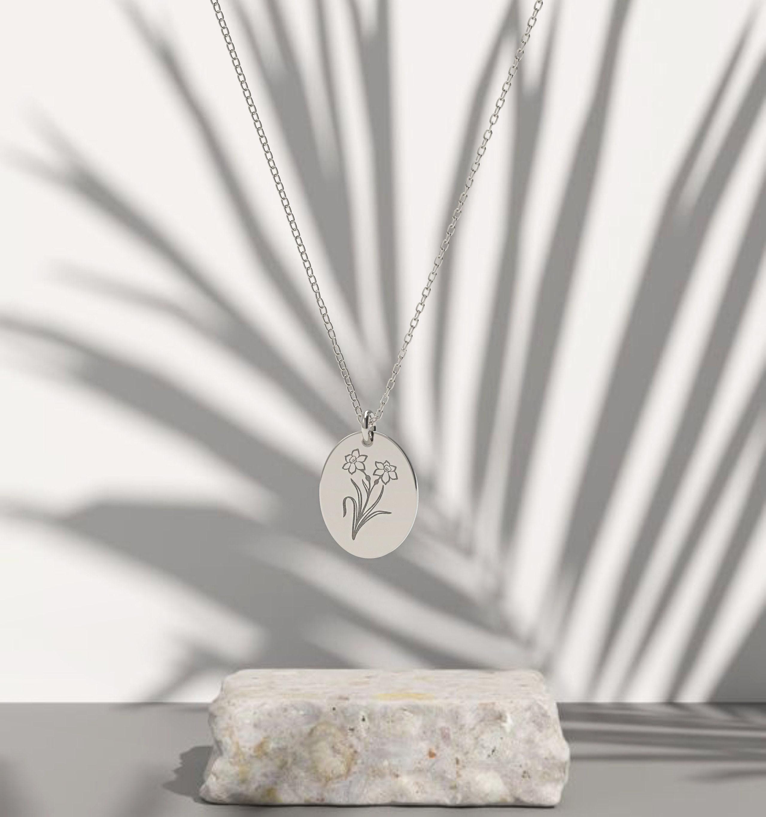 Oval Birth Flower Pendant Necklace