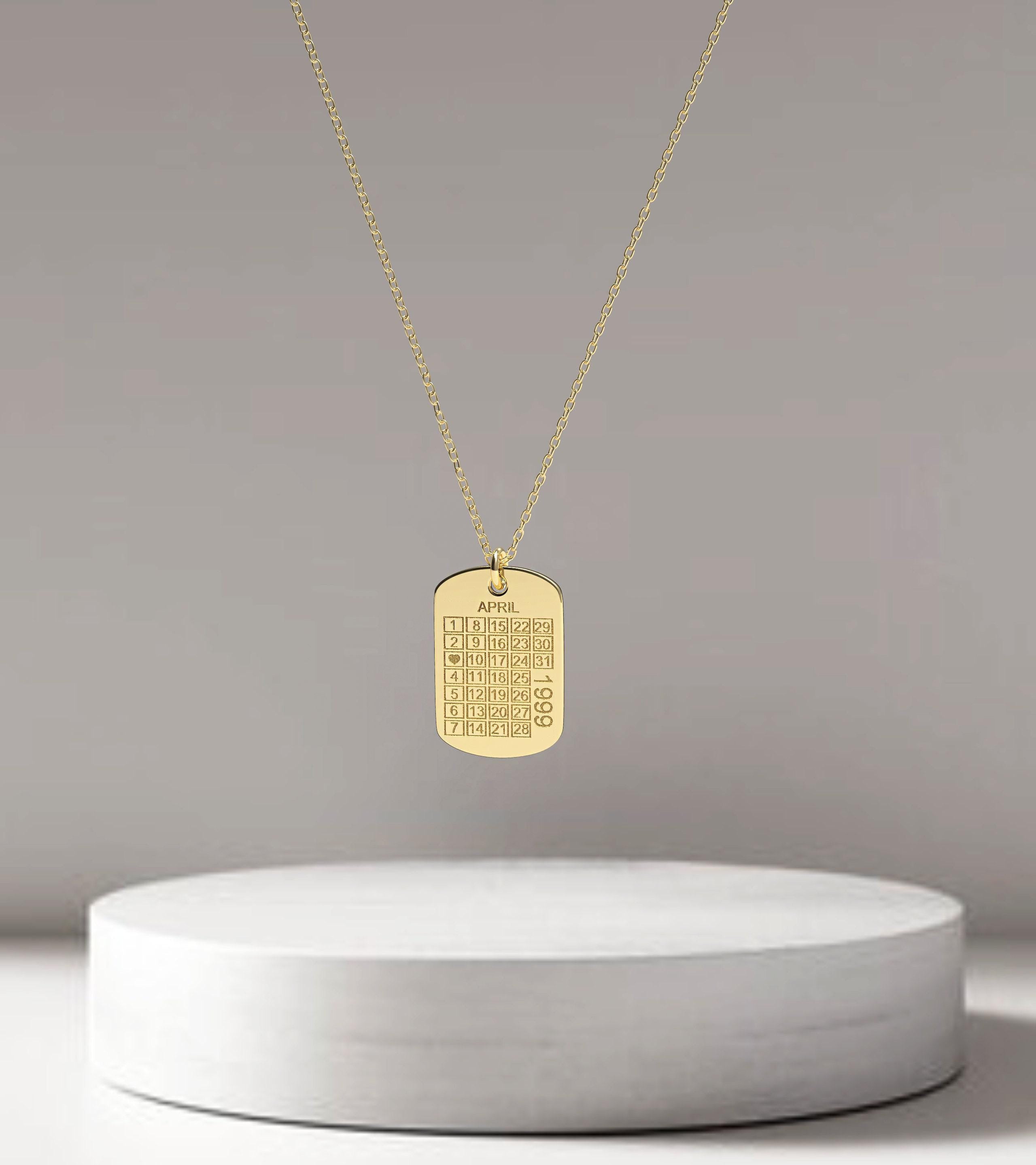 14K Gold Calendar Necklace Engraved Birthday or Save the Date