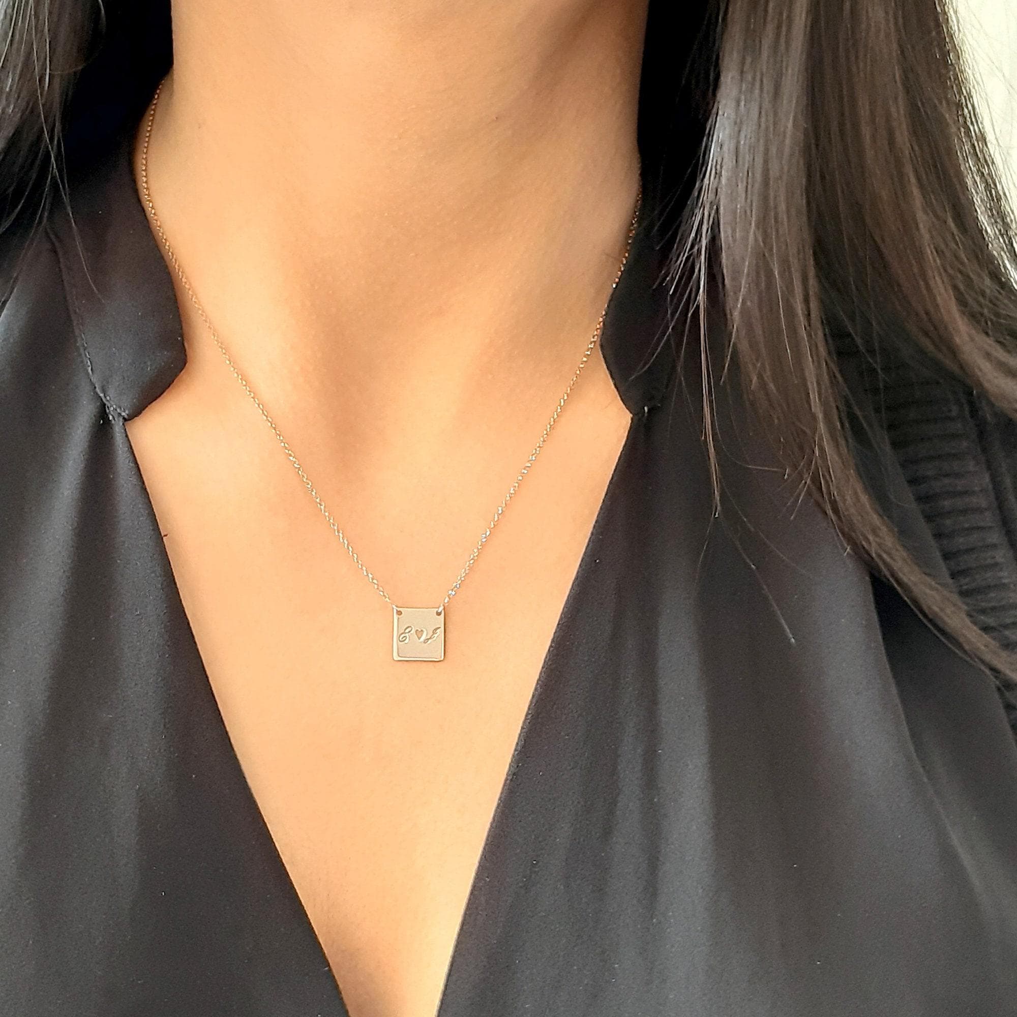 Tiny Initial Tag Necklace Rectangle Tag 14k Gold