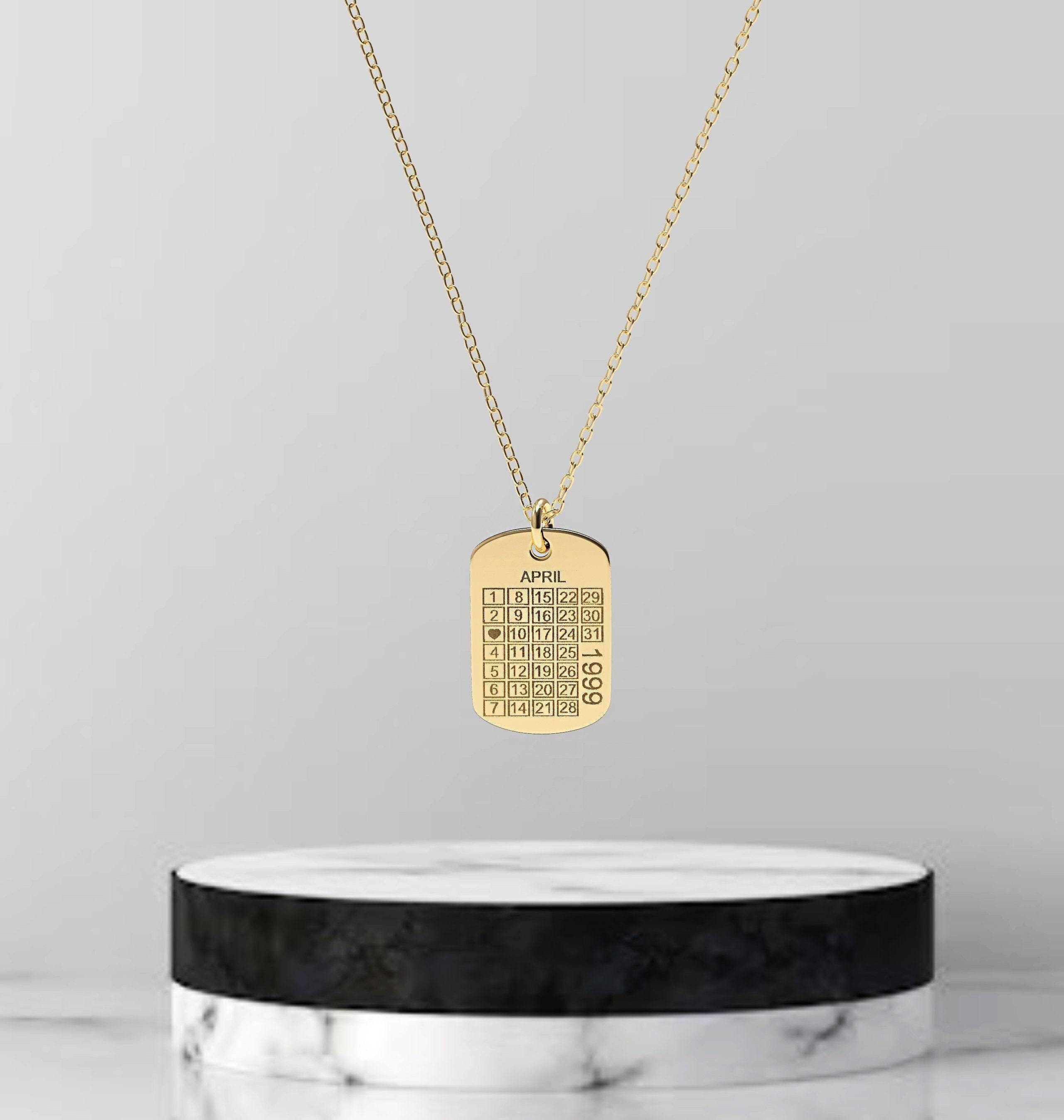 14K Gold Calendar Necklace Engraved Birthday or Save the Date
