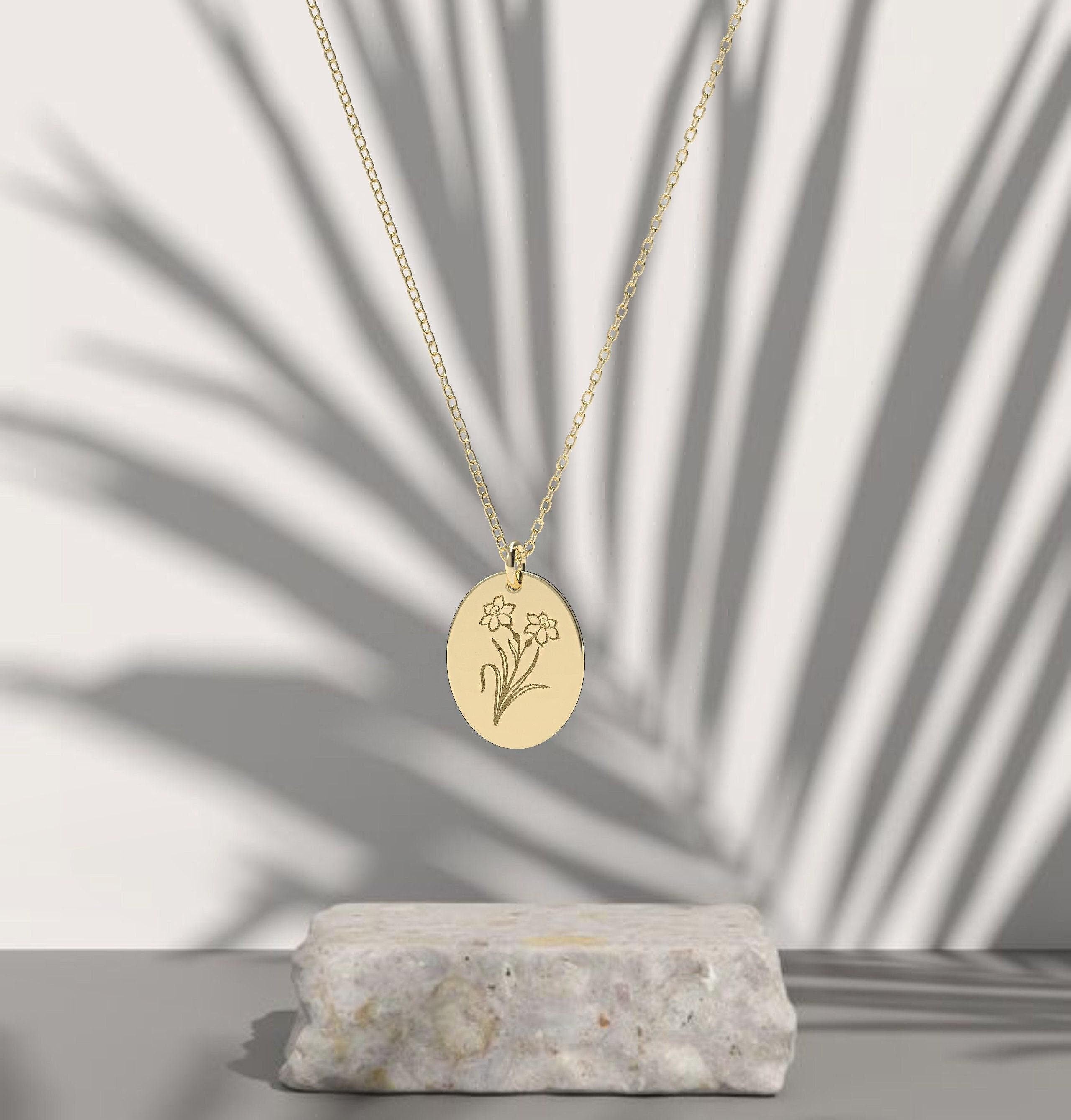 14k solid gold Personalized Custom Engraved Birth Flower Necklace