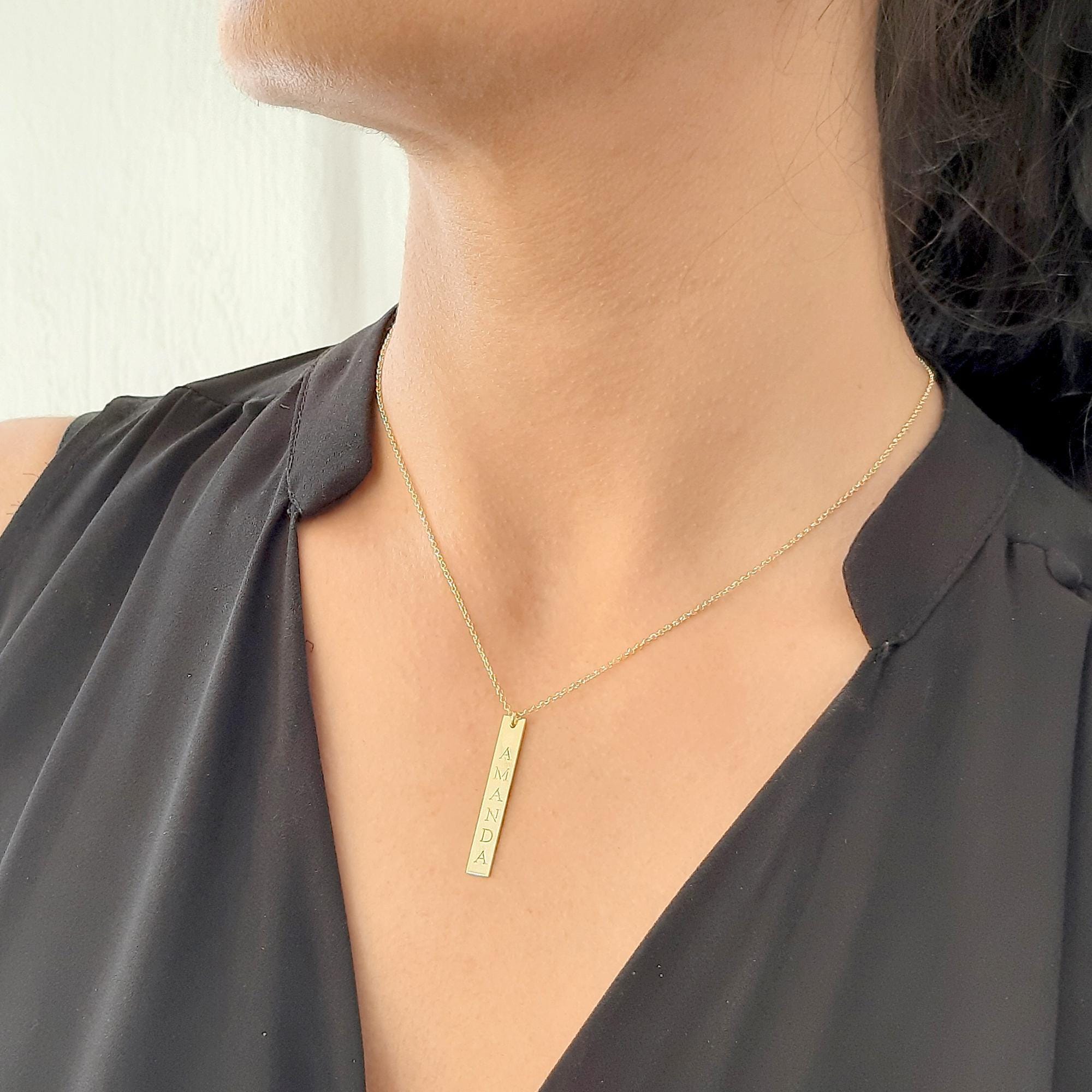Personalized Solid Gold Vertical Bar Necklace