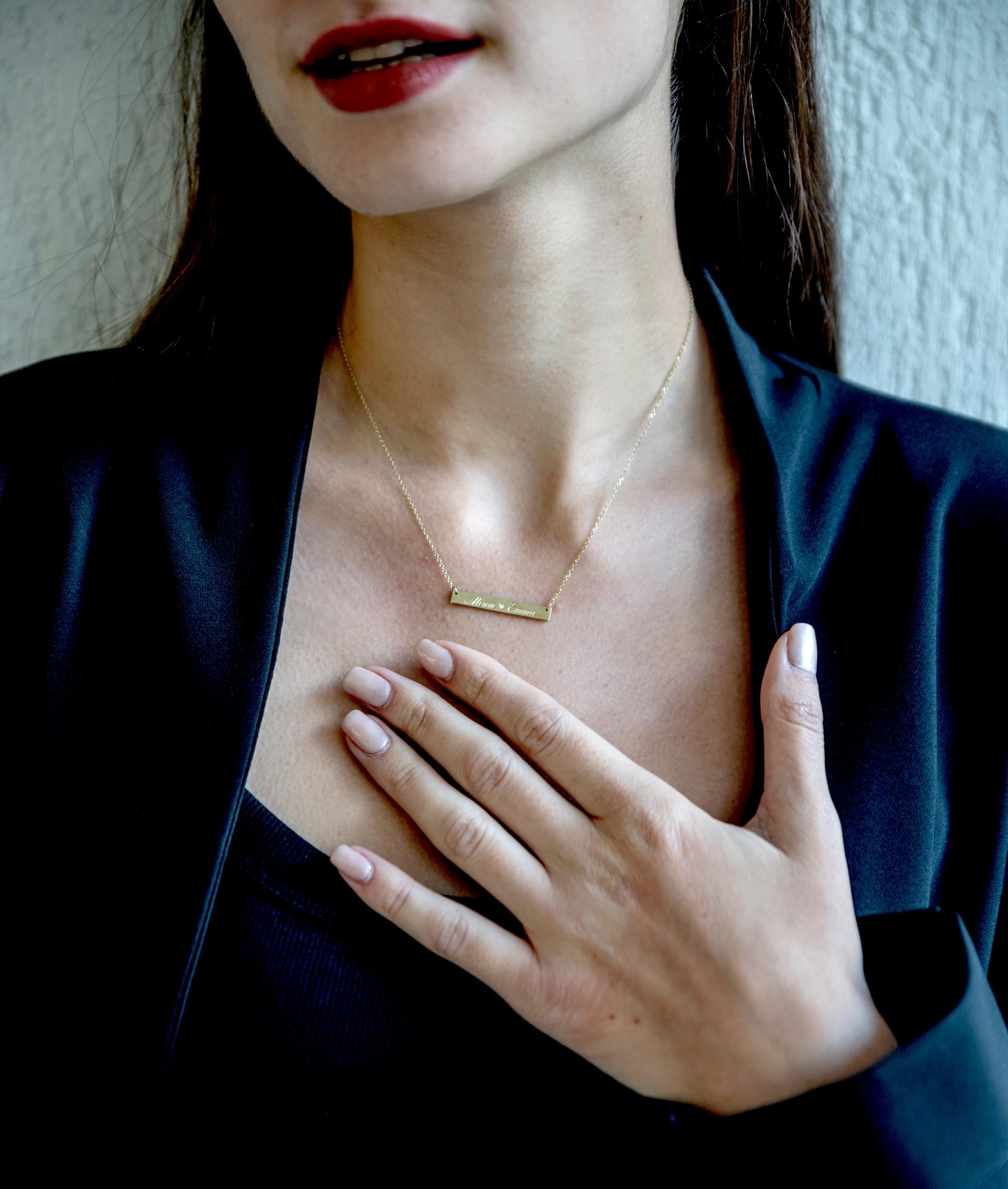 14k gold Personalized Bar Necklace for Names, Initials, Dates, Roman Numerals, Coordinates